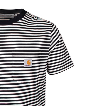 Verner Pocket T-Shirt in Verner Stripe/Black/Wax | 100% Cotton | Carhartt WIP | EQVVS | Front detail shot 