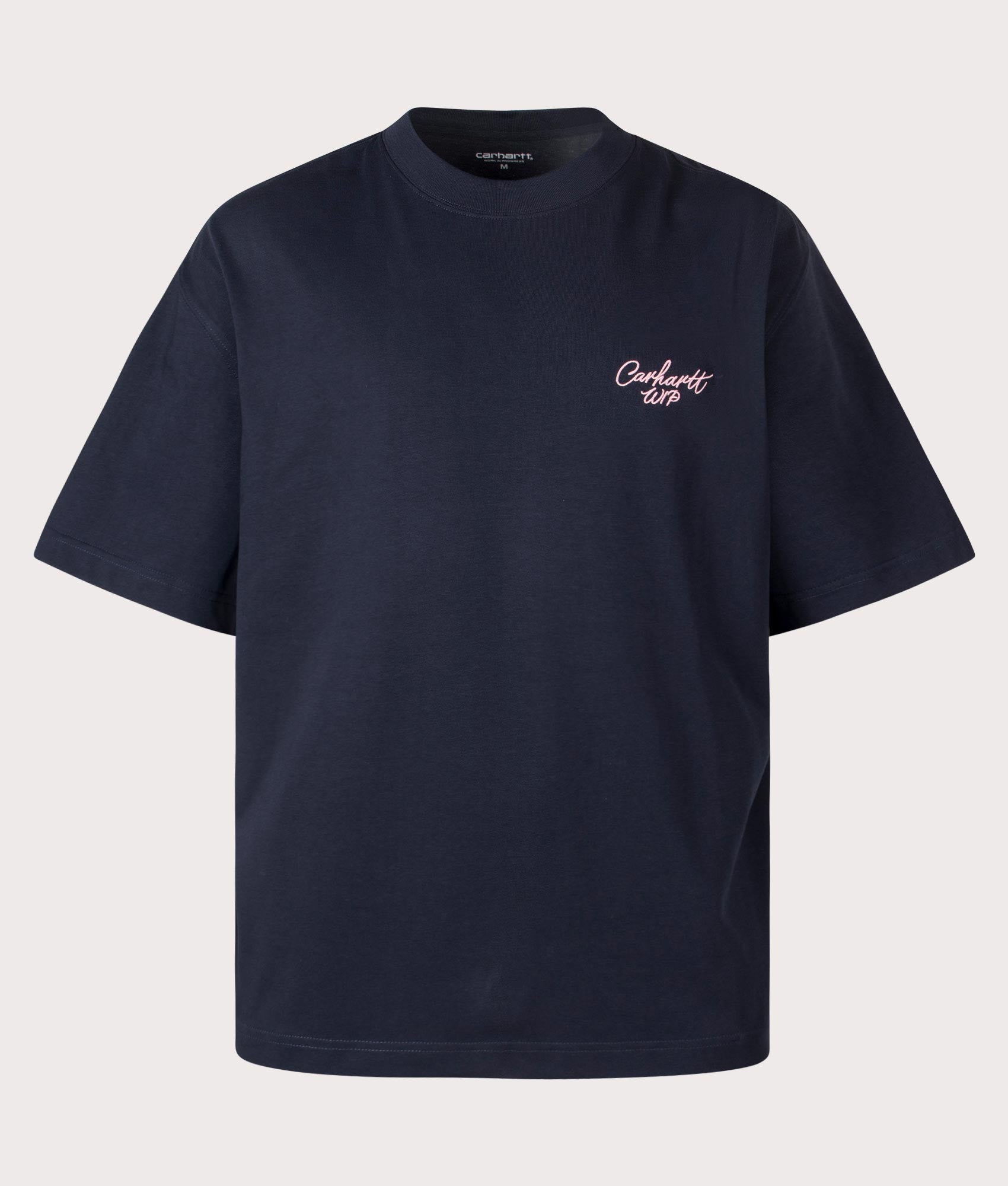 Carhartt WIP Signature Script T-Shirt in Deep Night/Glassy Pink at EQVVS Menswear. Front shot.
