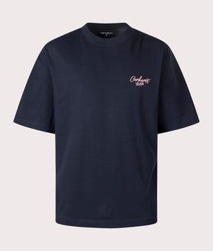 Carhartt WIP Signature Script T-Shirt in Deep Night/Glassy Pink at EQVVS Menswear. Front shot.