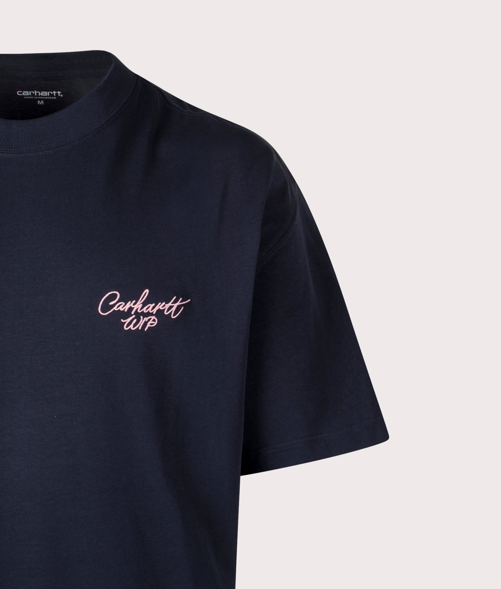 Carhartt WIP Signature Script T-Shirt in Deep Night/Glassy Pink at EQVVS Menswear. Detail Shot.
