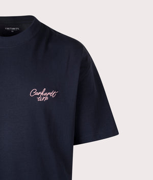 Carhartt WIP Signature Script T-Shirt in Deep Night/Glassy Pink at EQVVS Menswear. Detail Shot.
