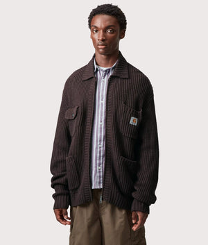 Carhartt WIP Chore Knit Jacket in Palisander at EQVVS Menswear. Model front shot.