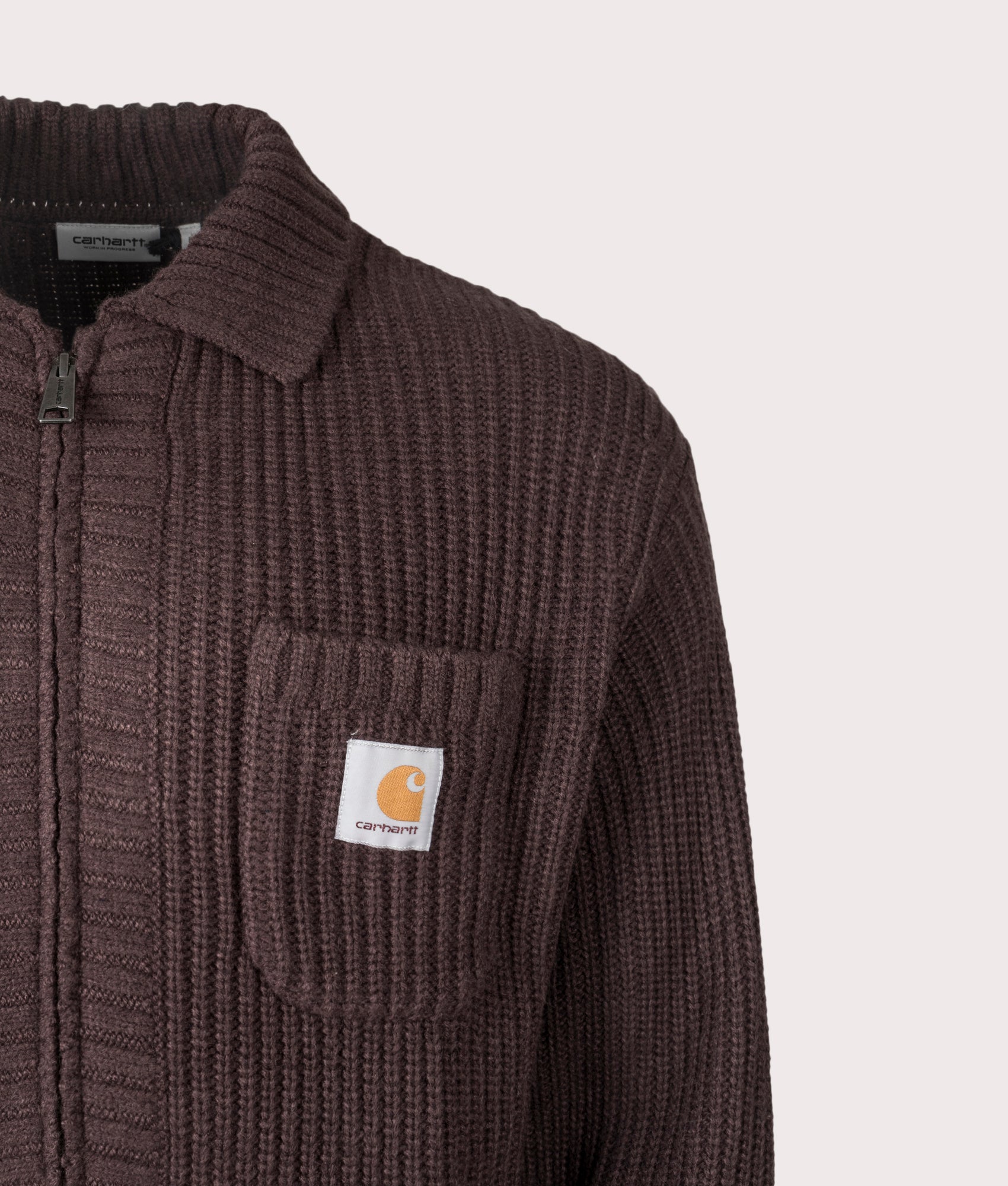 Chore Knit Jacket in Palisander at EQVVS Menswear. Front detail shot.