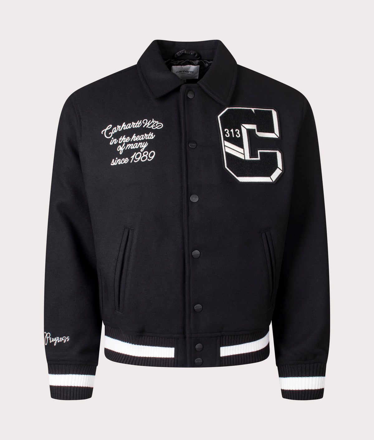 Carhartt WIP World Class Varsity in Black at EQVVS Menswear. Front shot. 