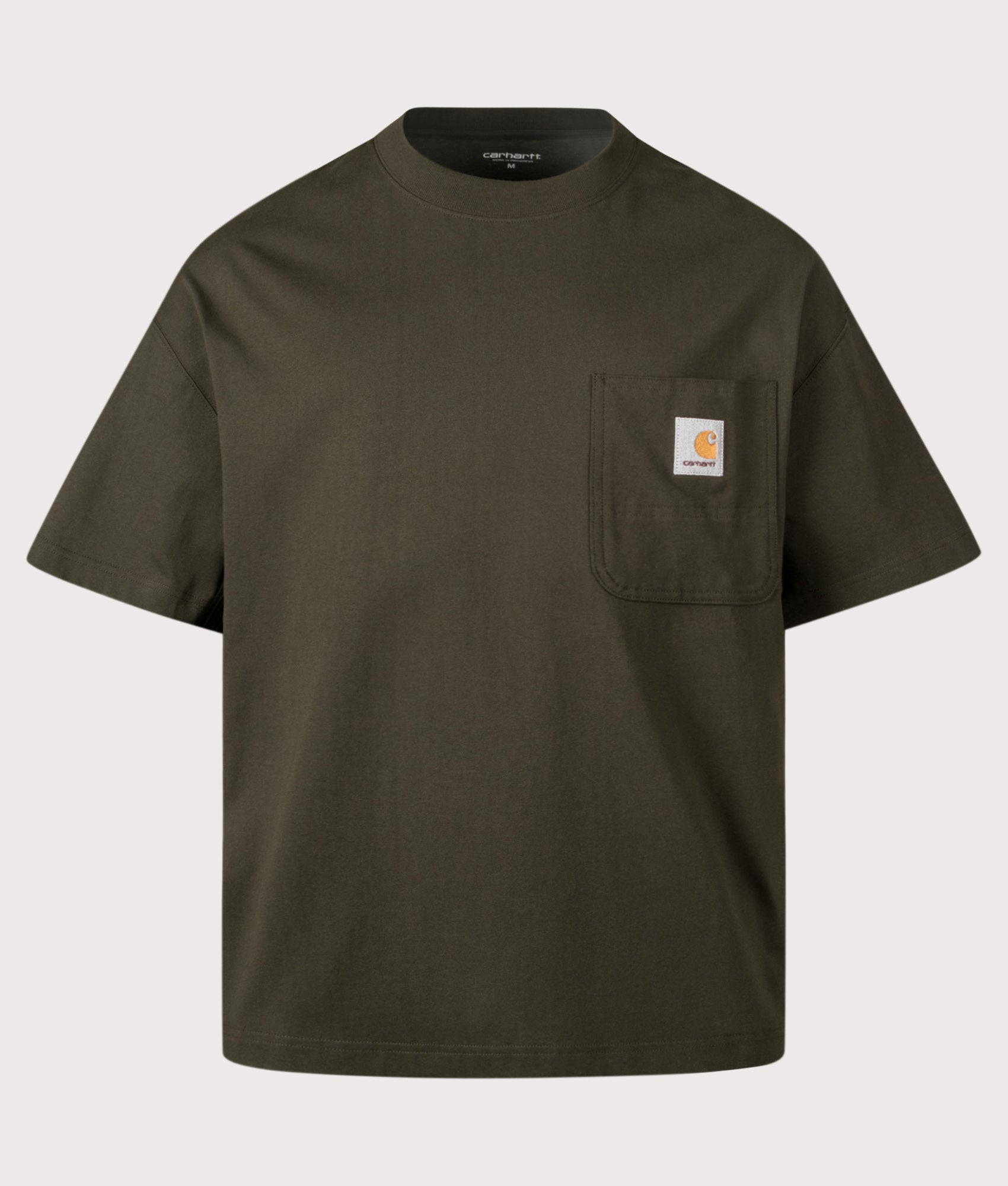 Carhartt WIP Boxy Loose Fit Work Pocket T-Shirt in Olive at EQVVS Menswear. Front shot.