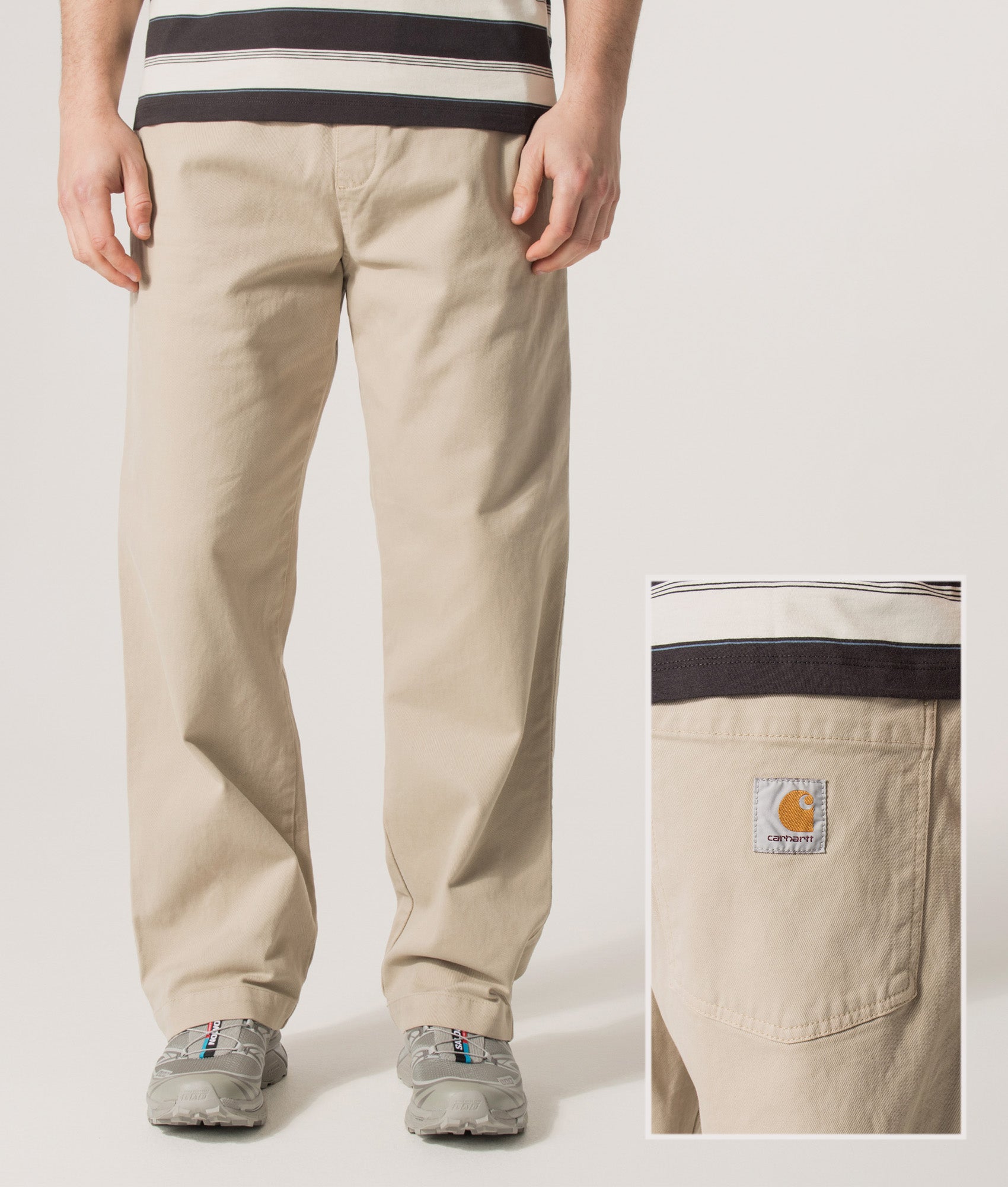 Carhartt WIP Relaxed Fit Floyde Pants in Wall at EQVVS Menswear. Model front shot and detail shot.