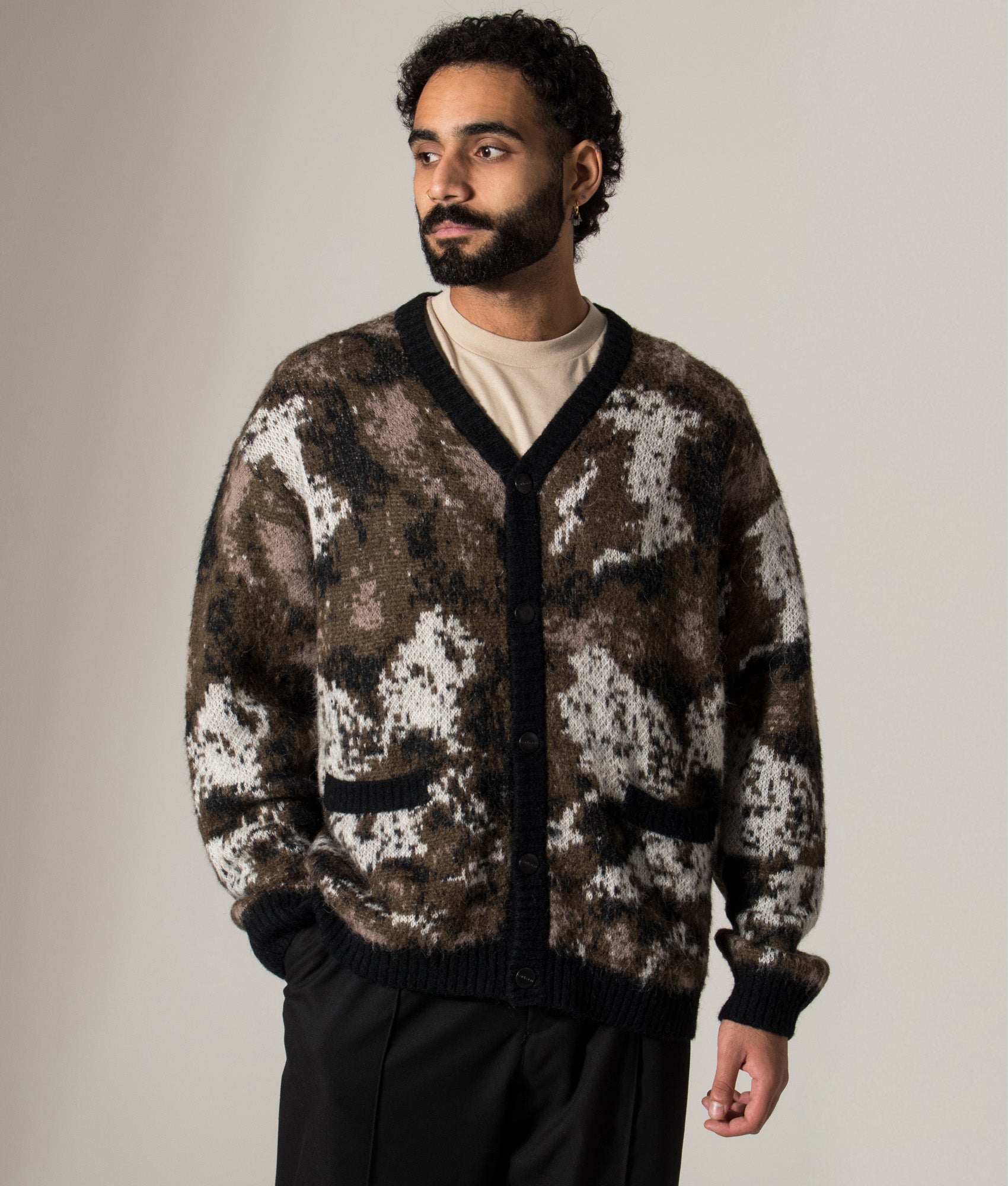 Carhartt WIP Merton Cardigan in Wild Dog Jacquard at EQVVS Menswear.  Model shot.