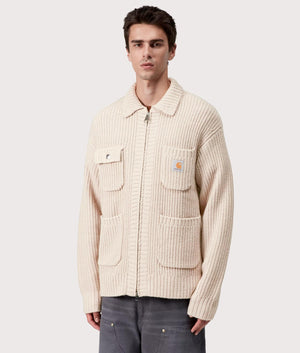 Carhartt WIP Chore Knit Jacket in Fleur De Sel at EQVVS Menswear. Model front shot. 