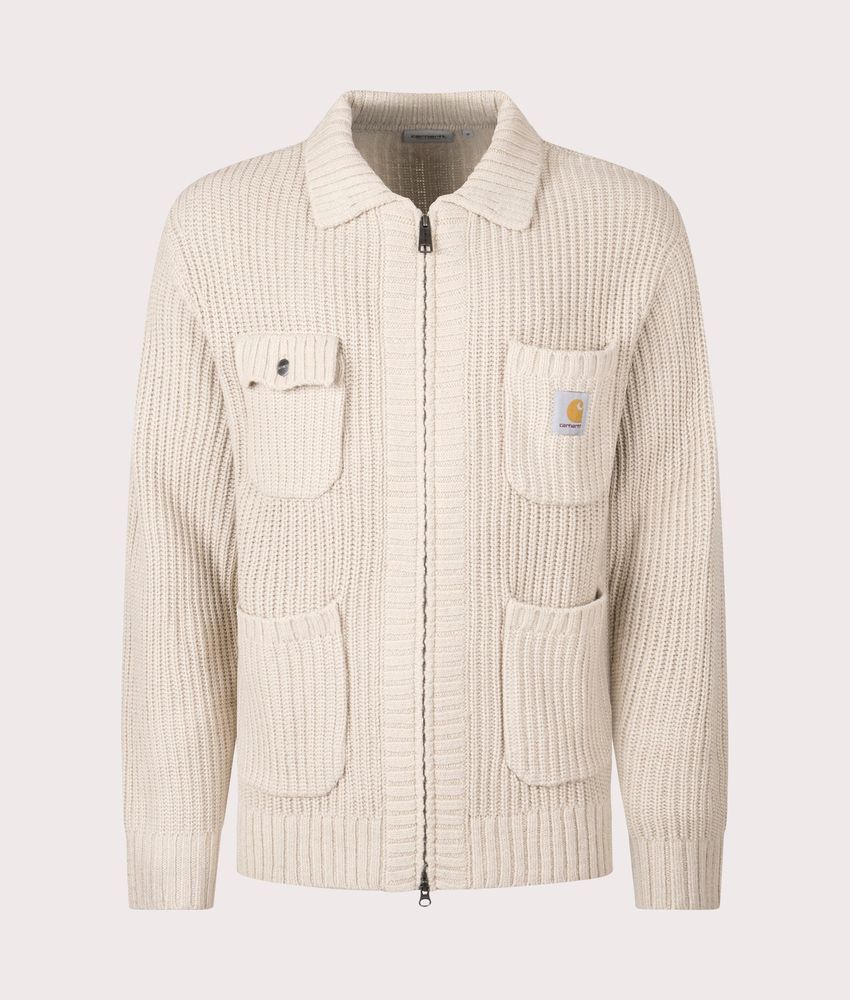 Carhartt WIP Chore Knit Jacket in Fleur De Sel at EQVVS Menswear. Front shot.