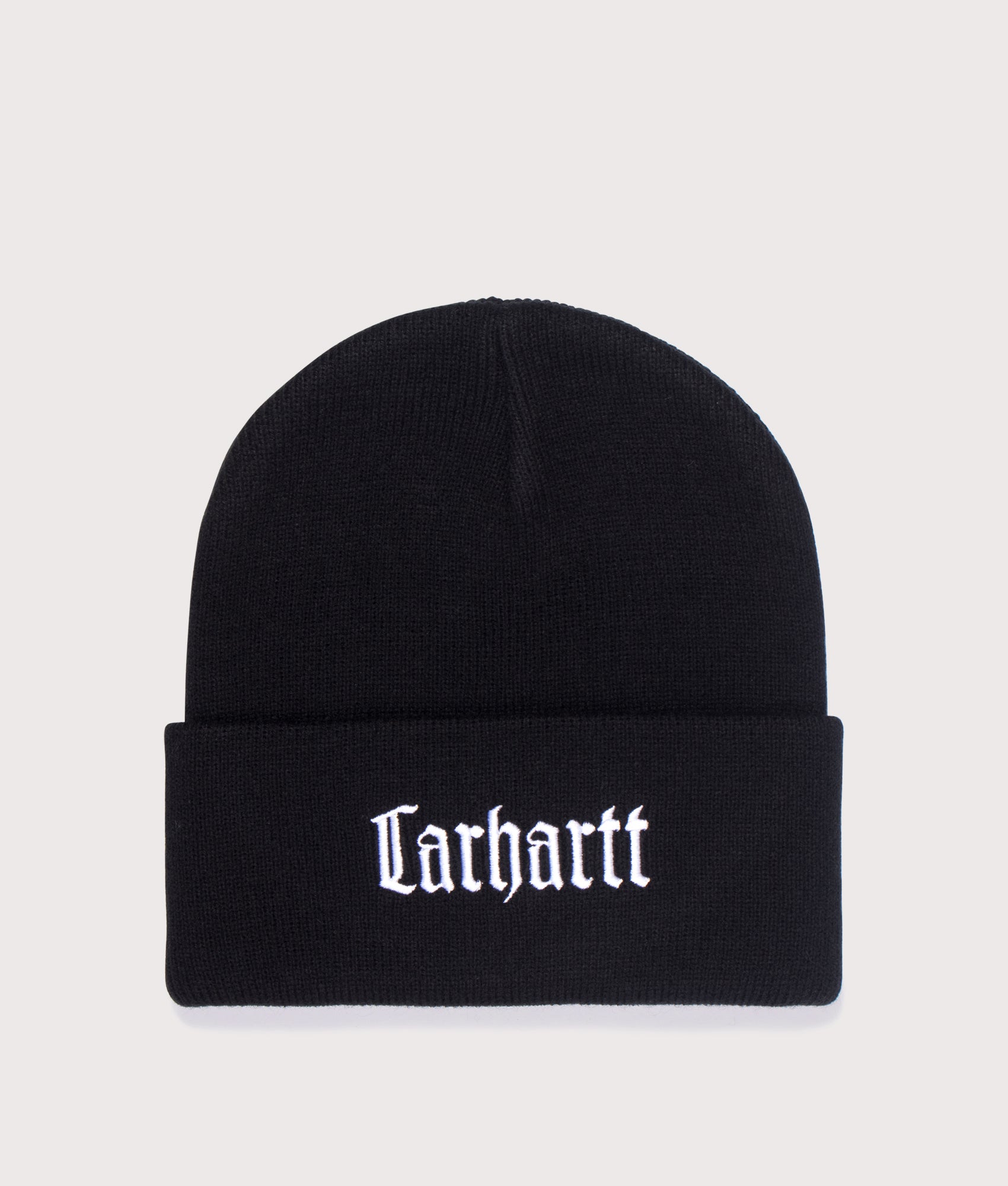 Carhartt WIP Schooling Beanie in Black and Wax at EQVVS Menswear. Front shot.