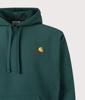 Relaxed Fit American Script Hoodie in Dark Fir | Carhartt WIP | EQVVS | Front detail shot 