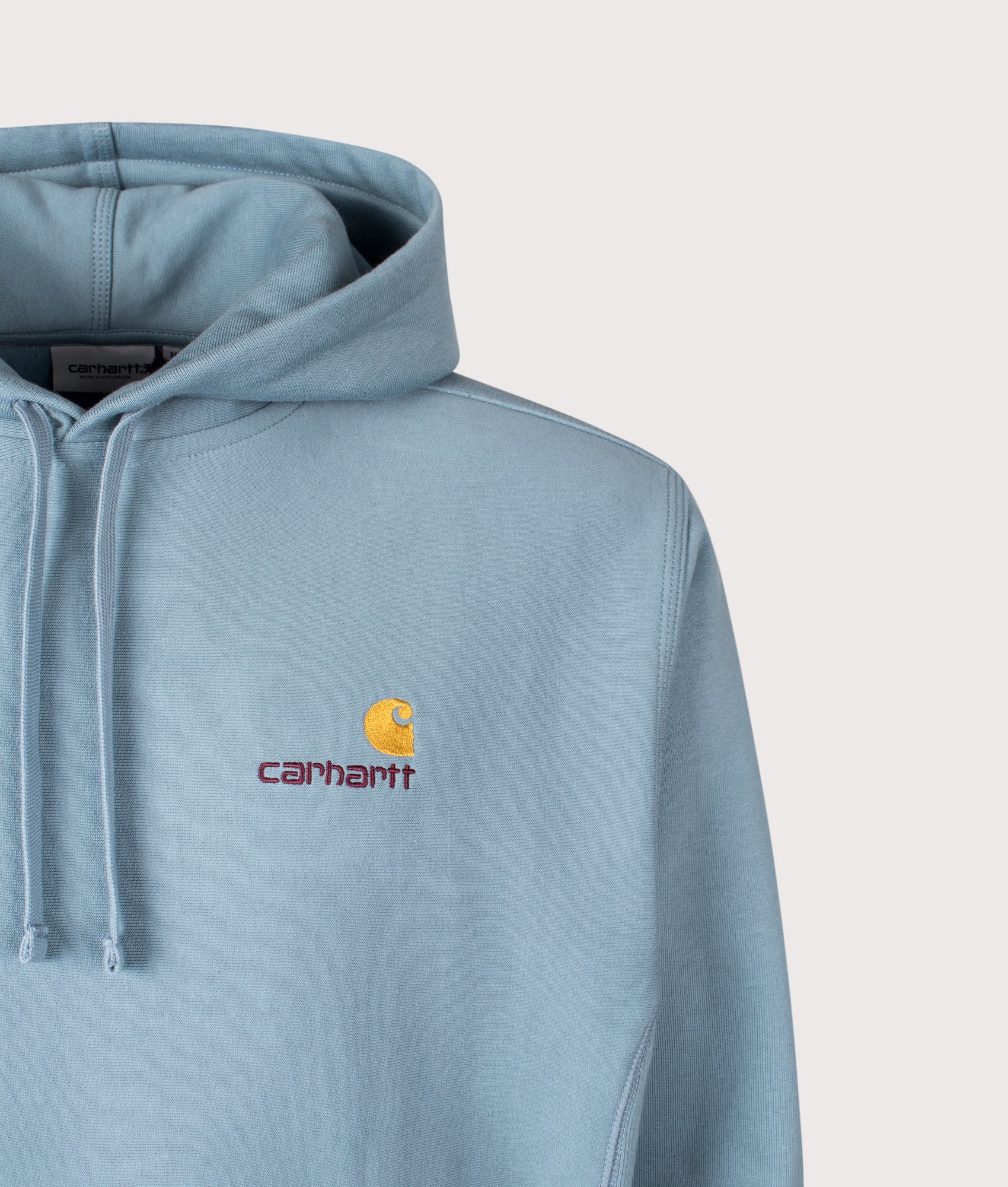 Relaxed Fit American Script Hoodie by Carhartt WIP in Citadel. Shot by EQVVS. Detail shot.