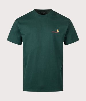 Relaxed Fit American Script T-Shirt in Dark Fir. 100% Cotton | Carhartt WIP | EQVVS | Front shot 