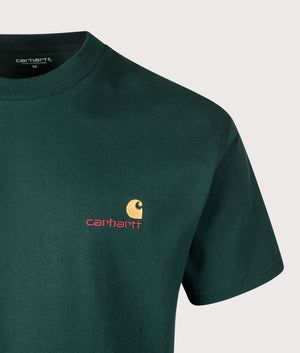 Relaxed Fit American Script T-Shirt in Dark Fir. 100% Cotton | Carhartt WIP | EQVVS | Front detail shot 