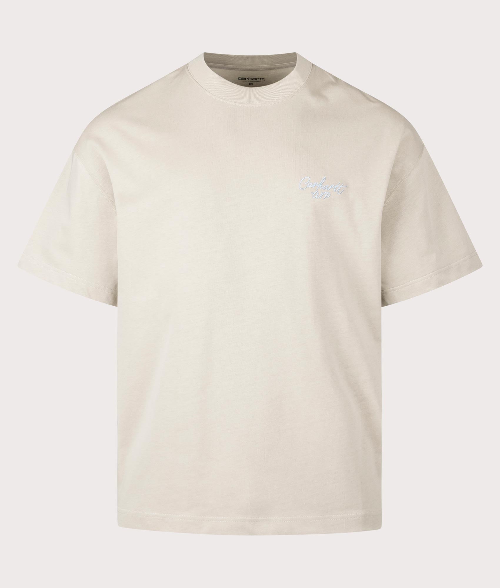 Carhartt WIP Relaxed Fit Signature Script T-Shirt in Fleur De Sel at EQVVS Menswear. Front shot.