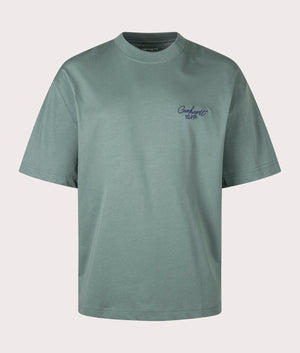 Carhartt WIP Signature Script T-Shirt in Silver Pine/Jupiter at EQVVS Menswear. Front shot.