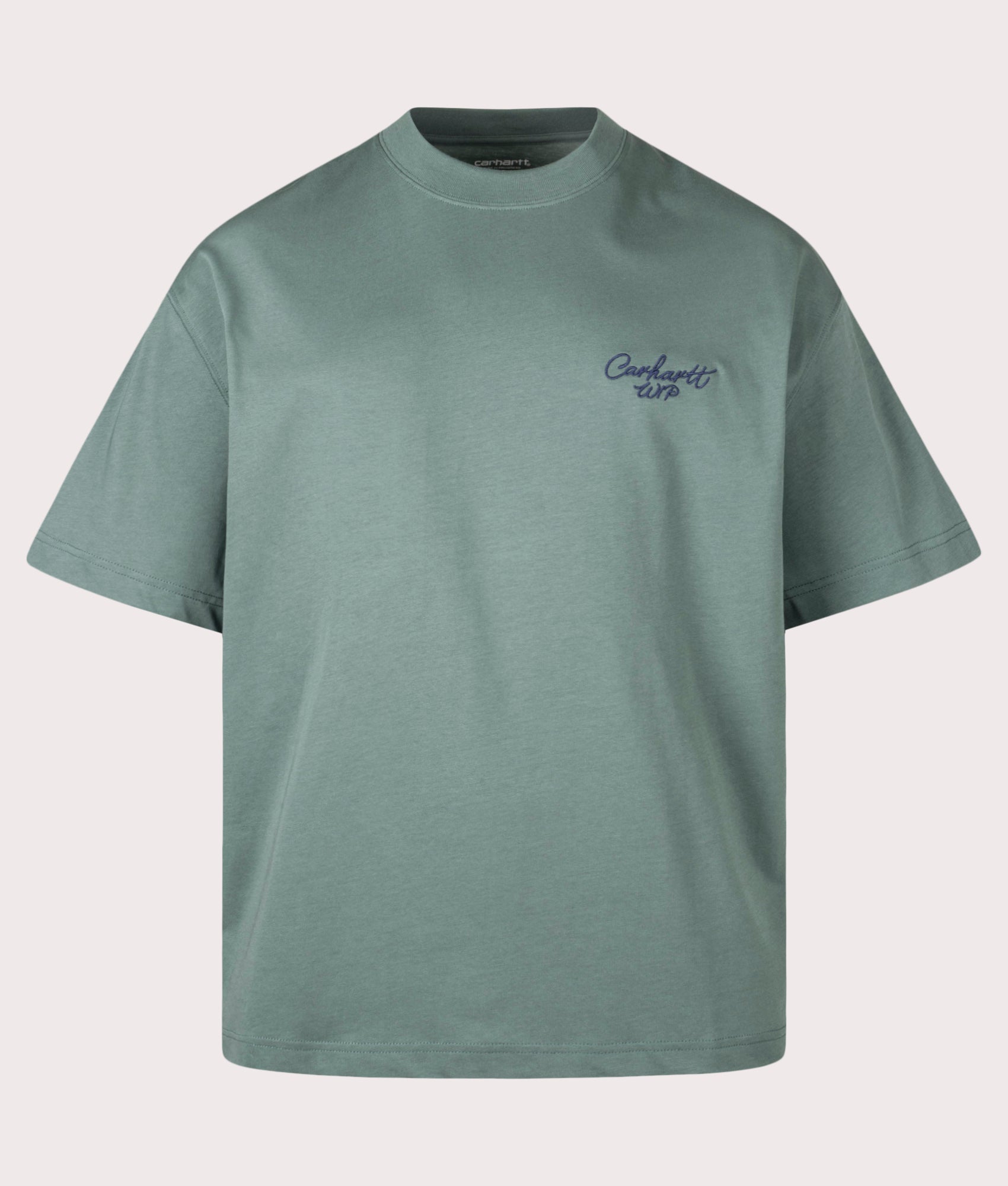 Carhartt WIP Boxy Loose Fit Signature Script T-Shirt in Silver Pine/Jupiter at EQVVS Menswear. Front shot.