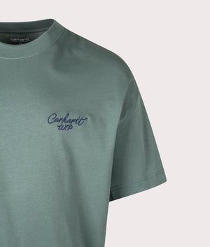 Carhartt WIP Signature Script T-Shirt in Silver Pine/Jupiter at EQVVS Menswear. Detail shot.
