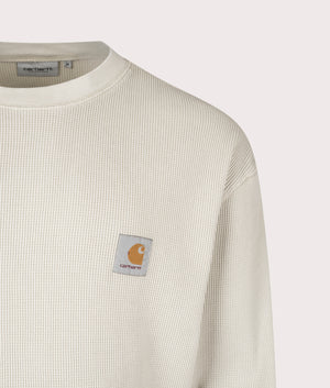 Carhartt WIP Long Sleeve Vista Waffle T-Shirt in Fleur De Sel at EQVVS Menswear. Detail shot. 