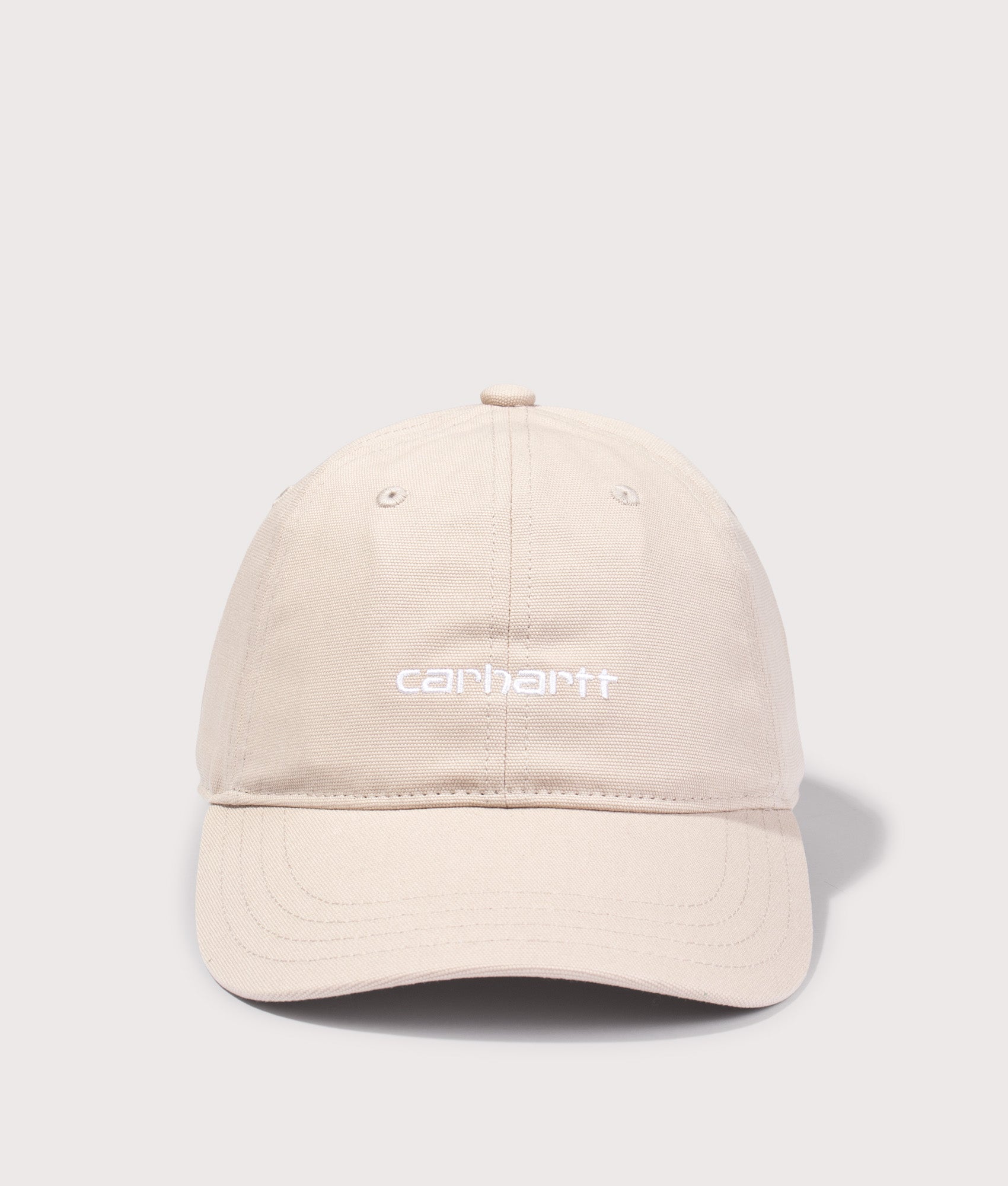 Canvas Script Cap in Fleur de Sel/White by Carhartt WIP. Shot by EQVVS. Front shot.