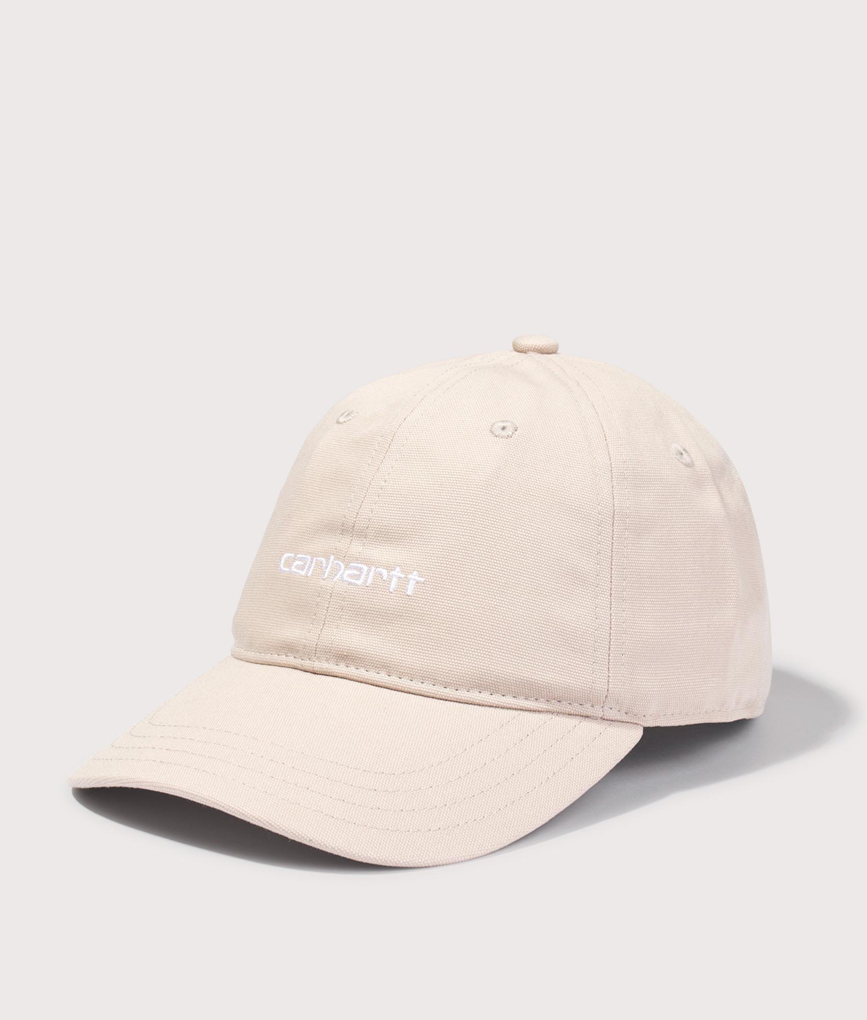 Canvas Script Cap in Fleur de Sel/White by Carhartt WIP. Shot by EQVVS. Front angled shot.