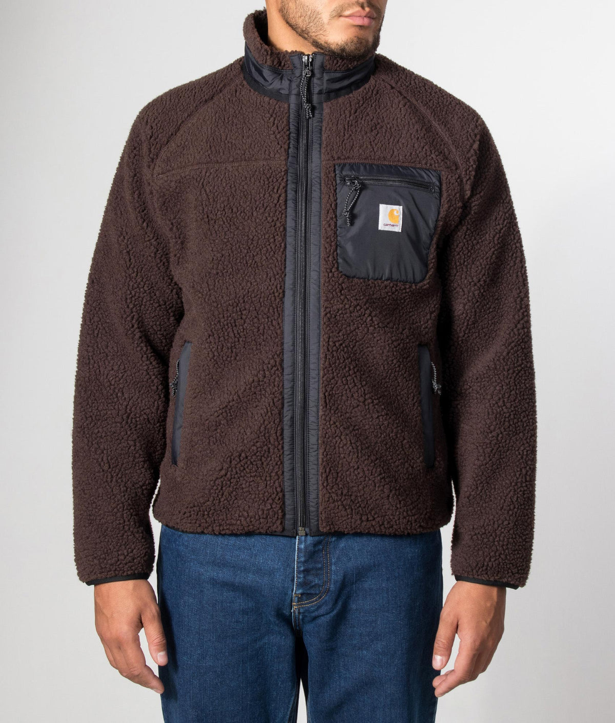 Carhartt WIP Regular Fit Prentis Liner in Palisander and Black at EQVVS Menswear. Model front shot.