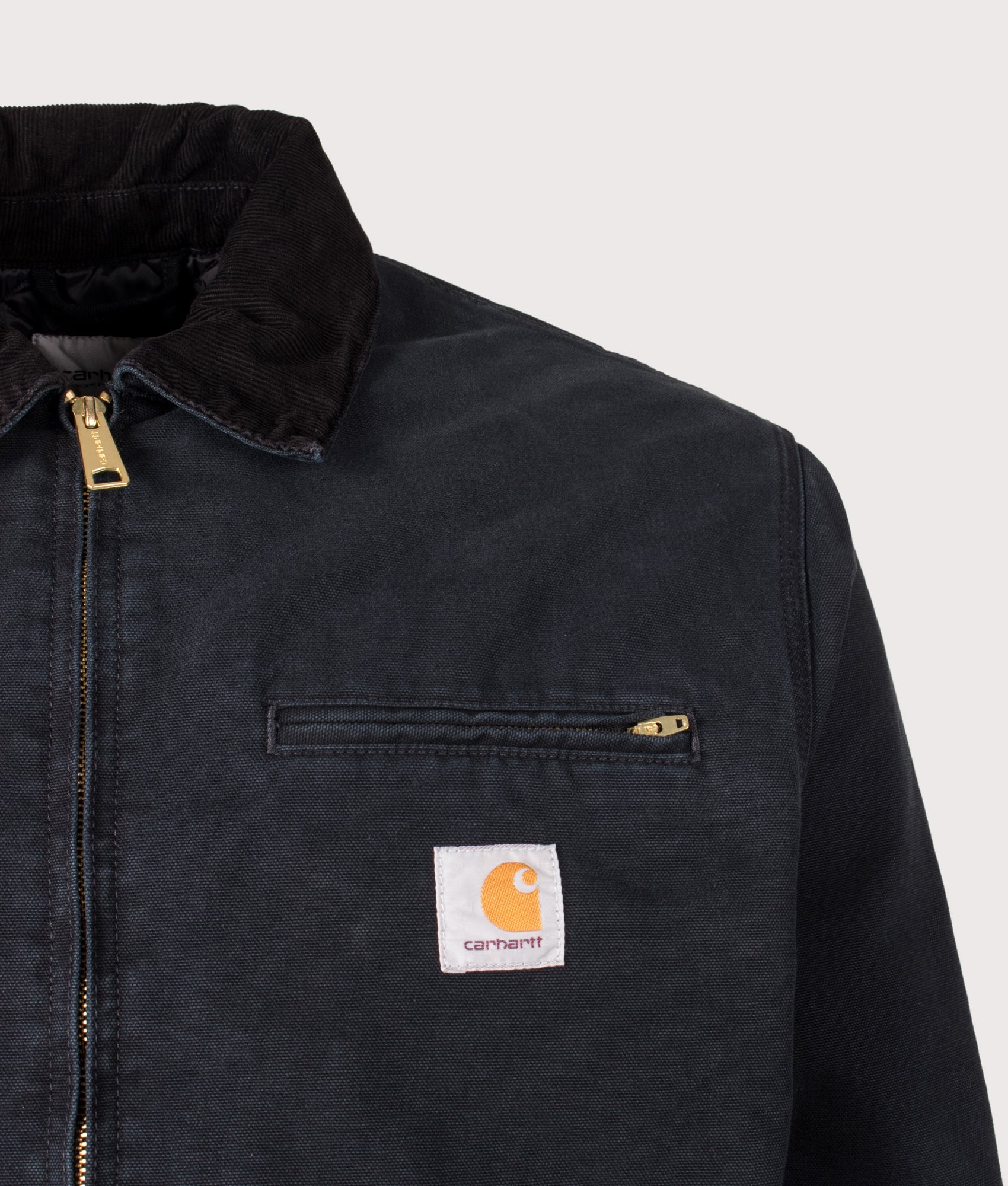 Carhartt WIP Loose Fit OG Detroit Jacket in Black at EQVVS Menswear. Detail shot.