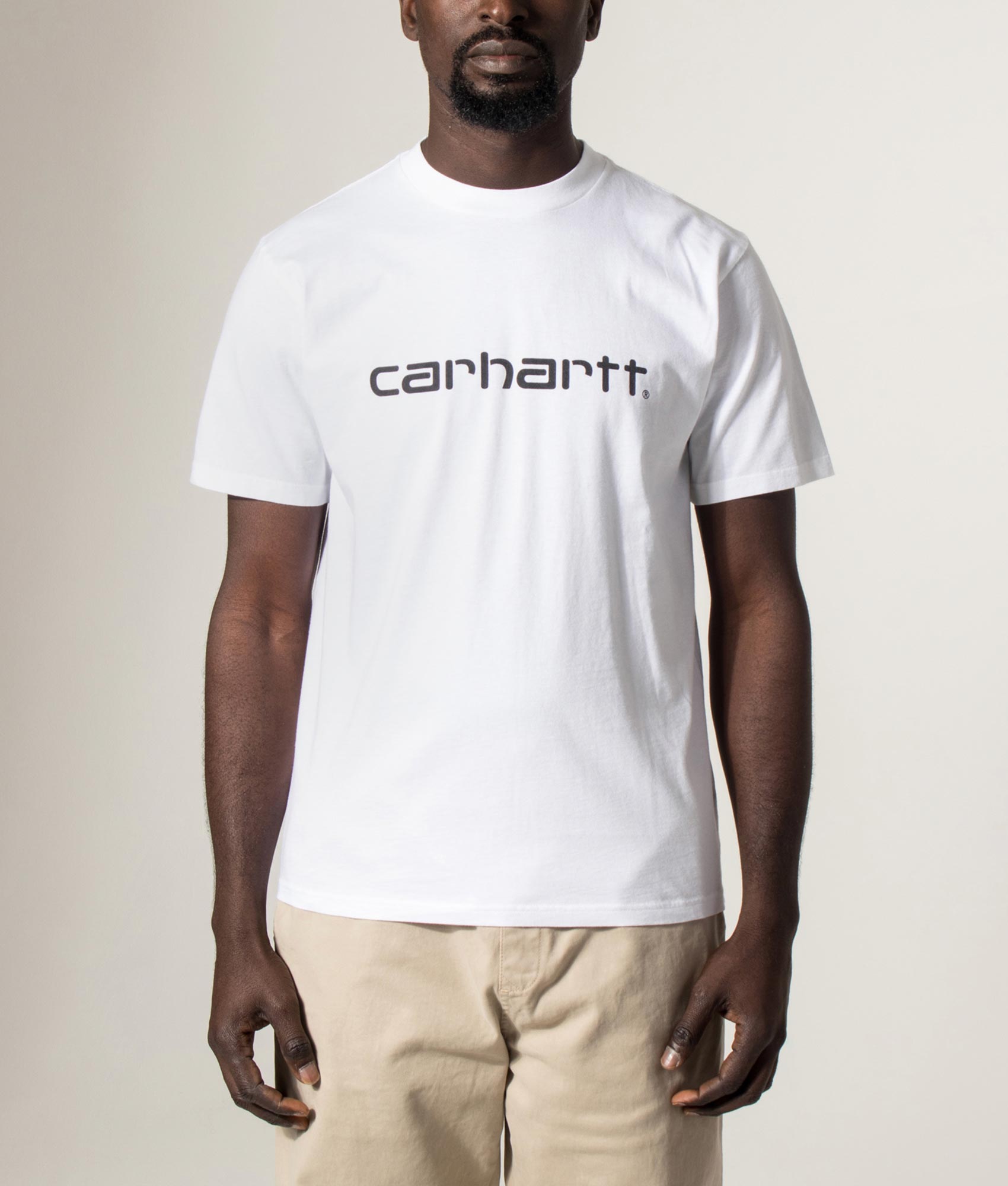 Carhartt WIP Script T-Shirt in White and Black at EQVVS Menswear. Model front shot.