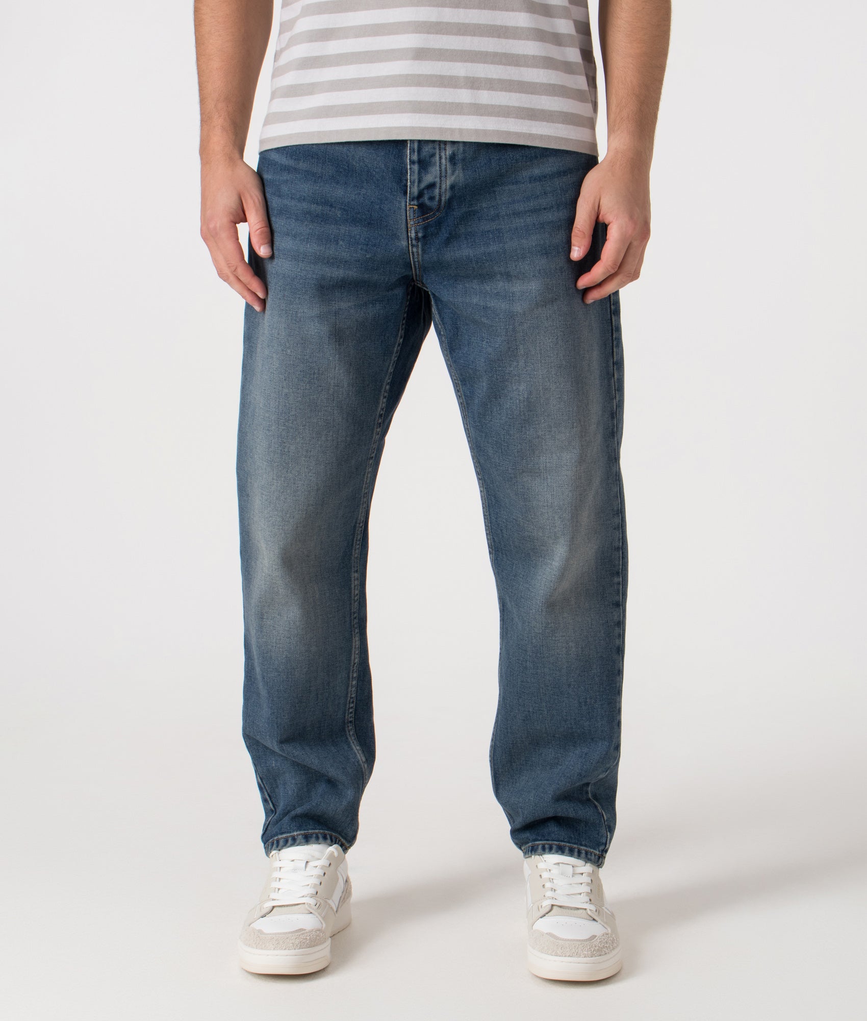 Relaxed Fit Newel Jeans in 014L Blue. 100% Cotton | Carhartt WIP | Shot at EQVVS | Front shot 