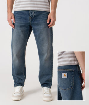 Relaxed Fit Newel Jeans in 014L Blue. 100% Cotton | Carhartt WIP | Shot at EQVVS | Front shot and back detail shot 