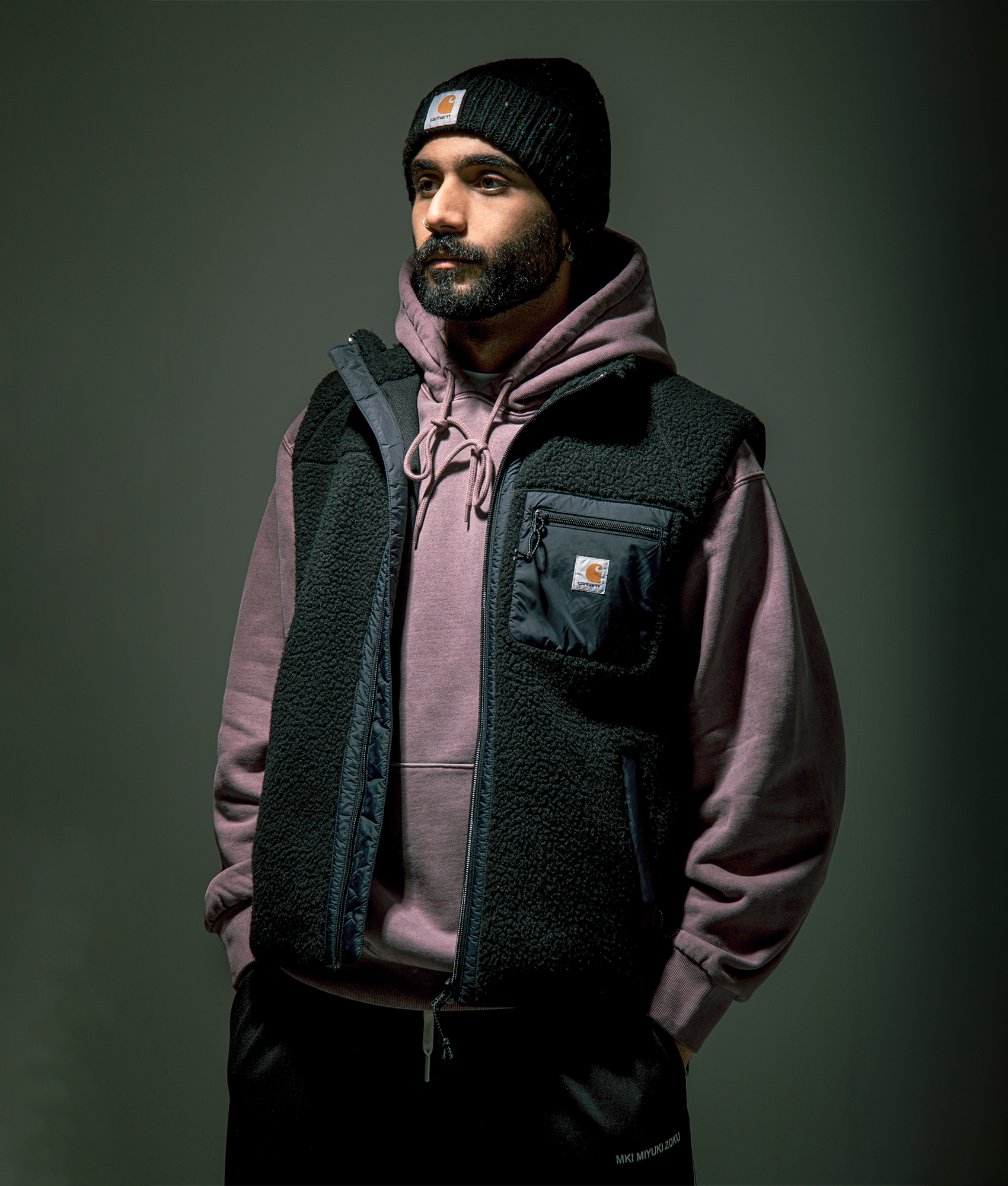 Carhartt WIP Prentis Vest Liner in Black at EQVVS Menswear. Campaign shot.