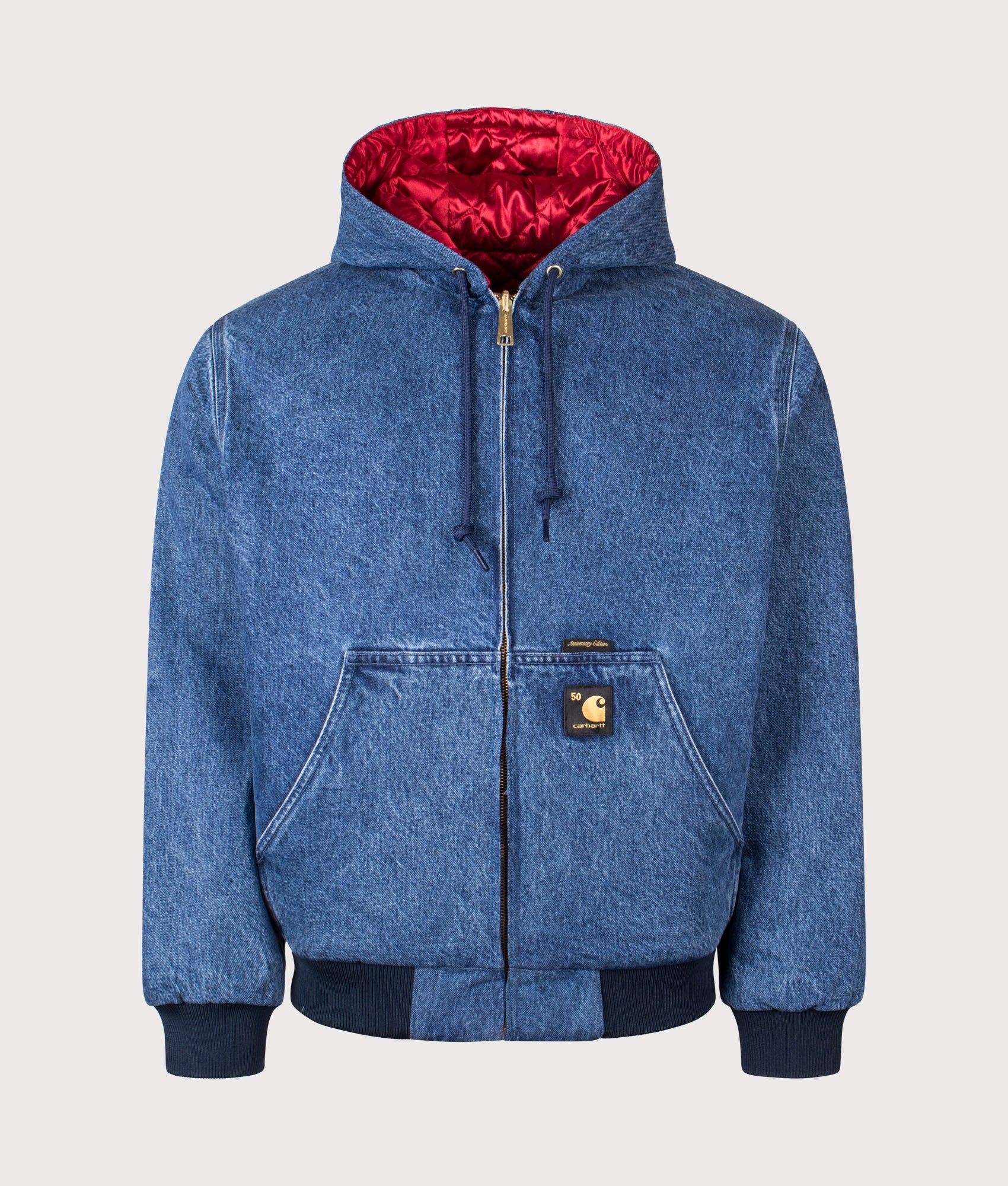 Carhartt WIP 50 Years Anniversary OG Active Denim Reversible Jacket in Blue/USA Red at EQVVS Menswear. Side A front shot.