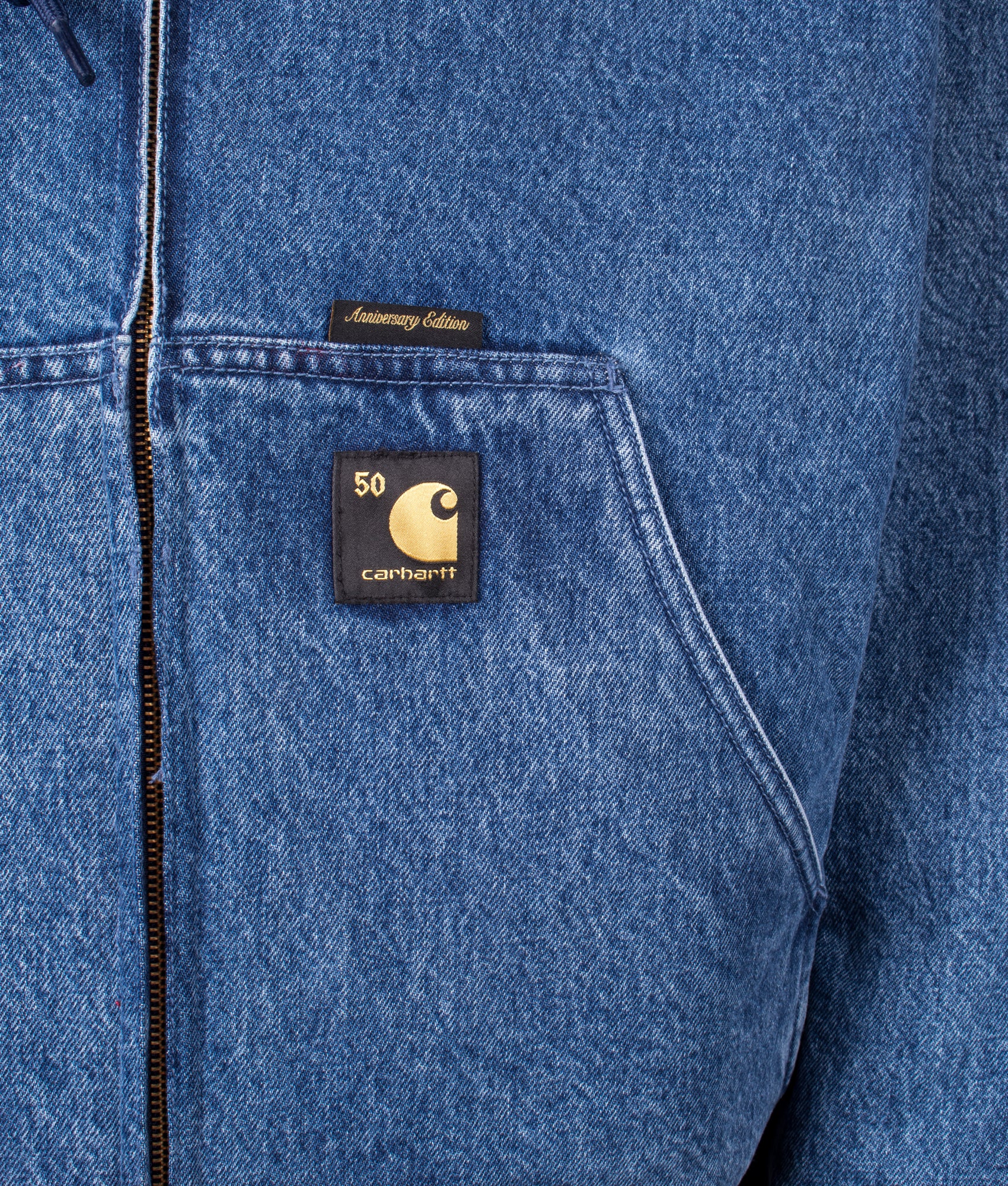 Carhartt WIP 50 Years Anniversary OG Active Denim Reversible Jacket in Blue/USA Red at EQVVS Menswear. Side A Detail shot.