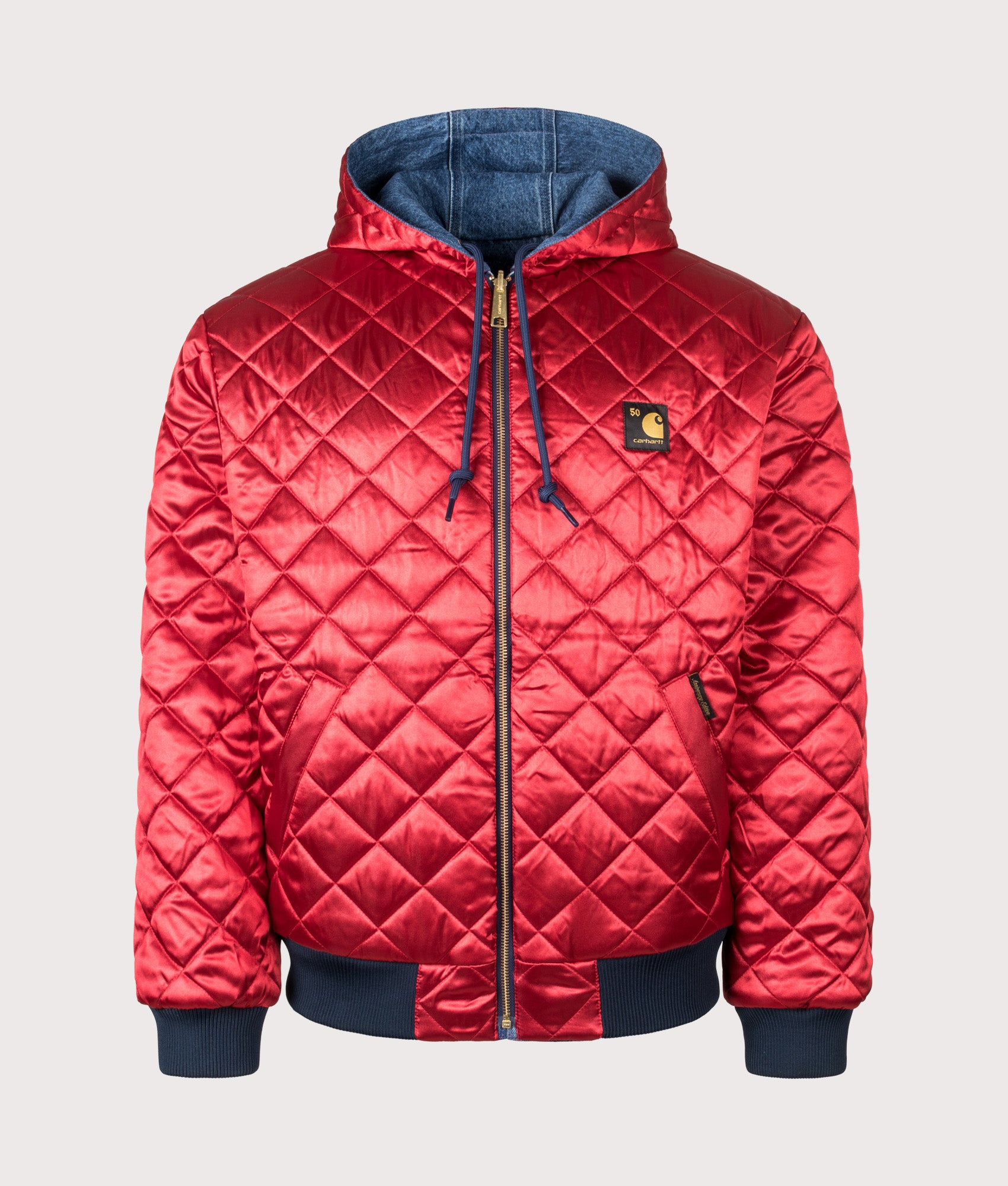 Carhartt WIP 50 Years Anniversary OG Active Denim Reversible Jacket in Blue/USA Red at EQVVS Menswear. Side B Front shot.