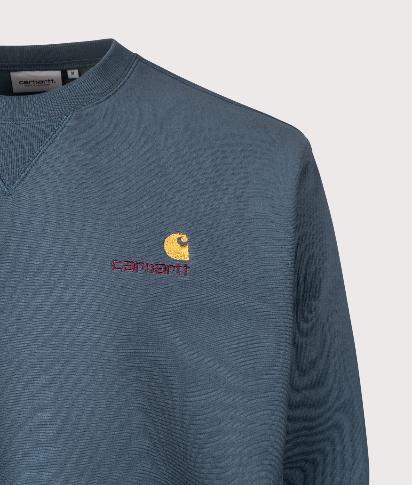 Relaxed Fit American Script Sweatshirt in Office Blue | Carhartt WIP | EQVVS | Front detail shot  