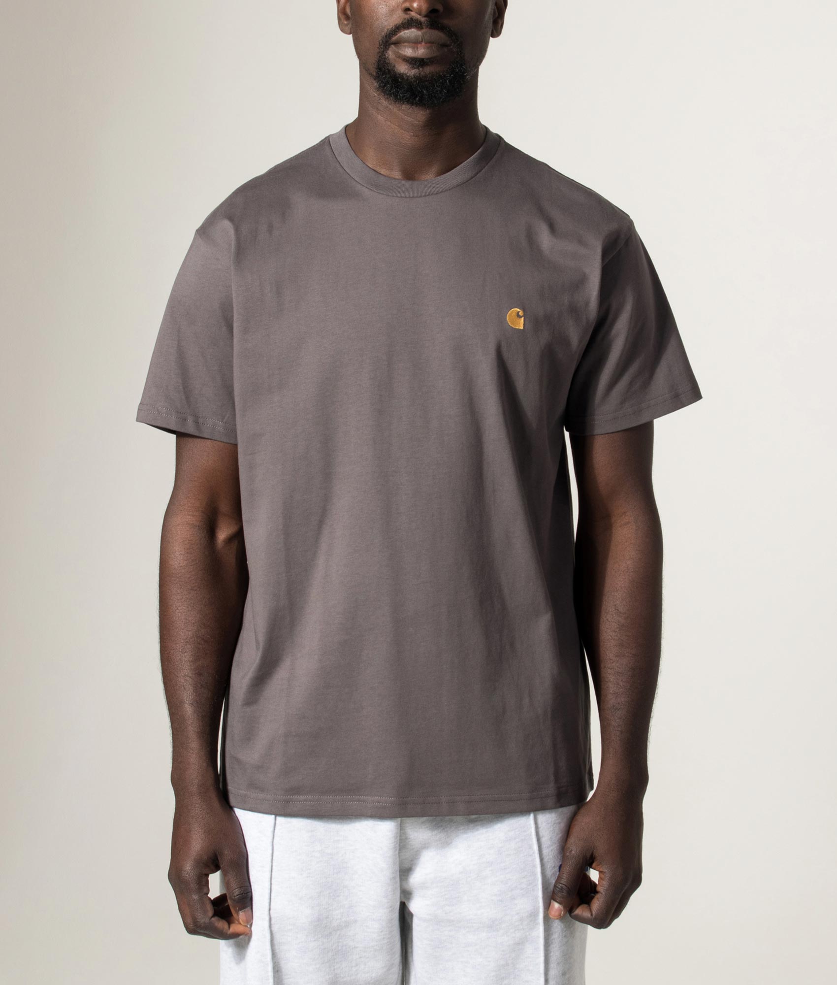 Carhartt WIP Loose Fit Chase T-Shirt in Porphyry/Gold at EQVVS Menswear. Model front shot.