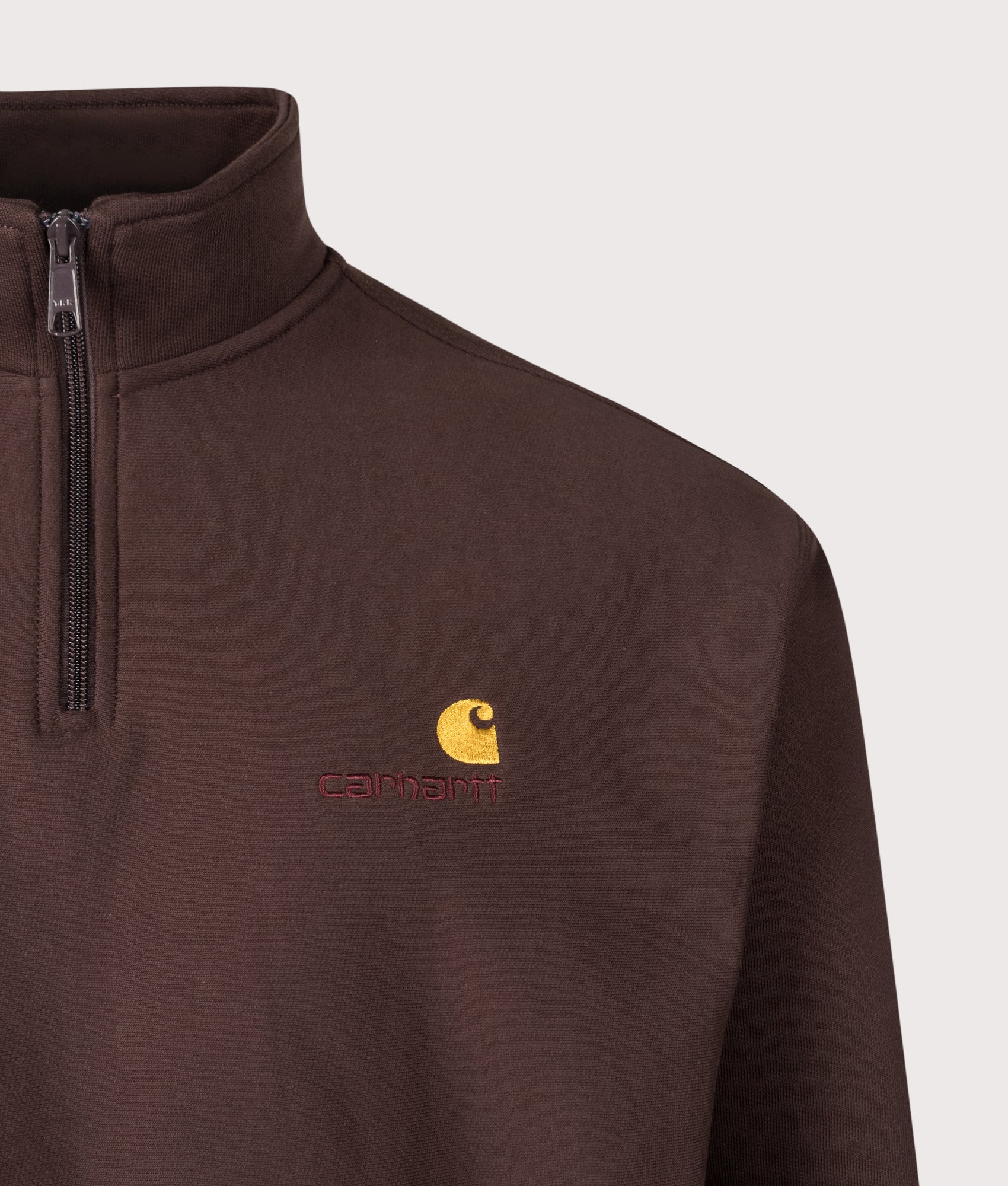 Relaxed Fit Quarter Zip American Script Sweatshirt in Palisander | Carhartt WIP | EQVVS | Front detail shot 
