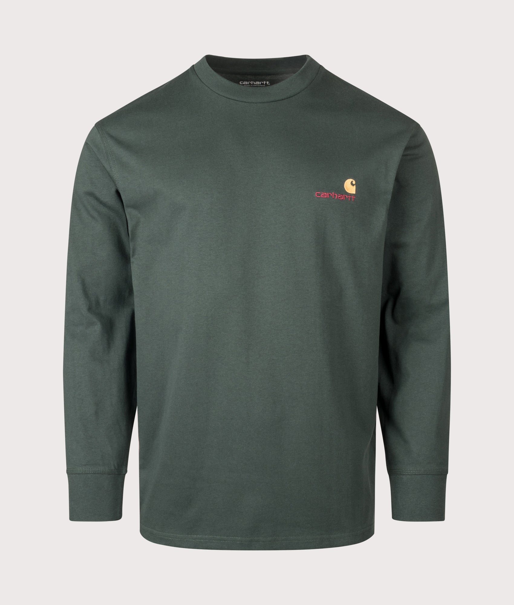 Relaxed Fit American Script Long Sleeve T-Shirt in Kale Green | Carhartt WIP | EQVVS | Front shot 