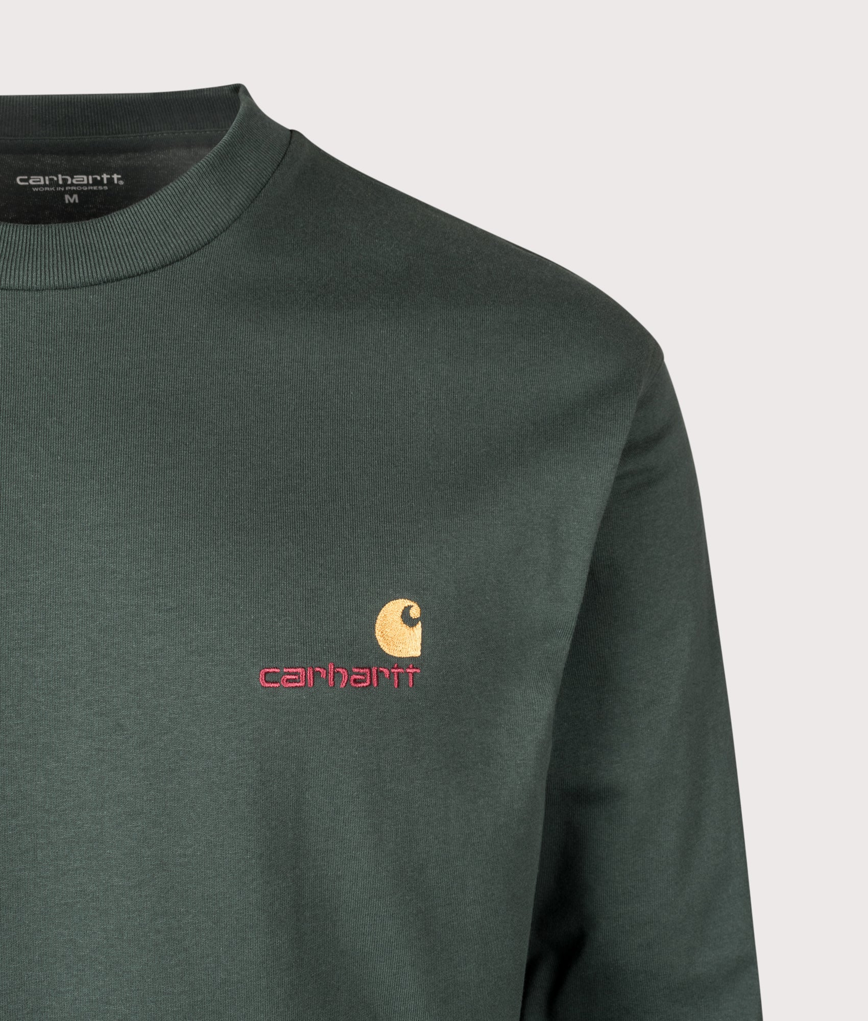 Relaxed Fit American Script Long Sleeve T-Shirt in Kale Green | Carhartt WIP | EQVVS | Front detail shot 