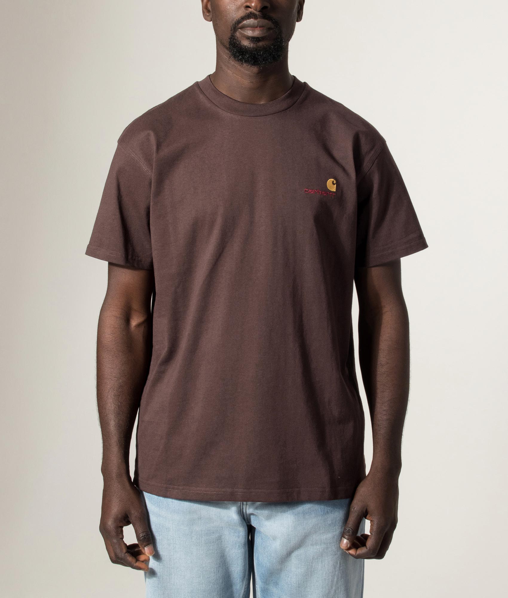 Carhartt WIP Loose Fit American Script T-Shirt in Palisander at EQVVS Menswear. Model front shot.