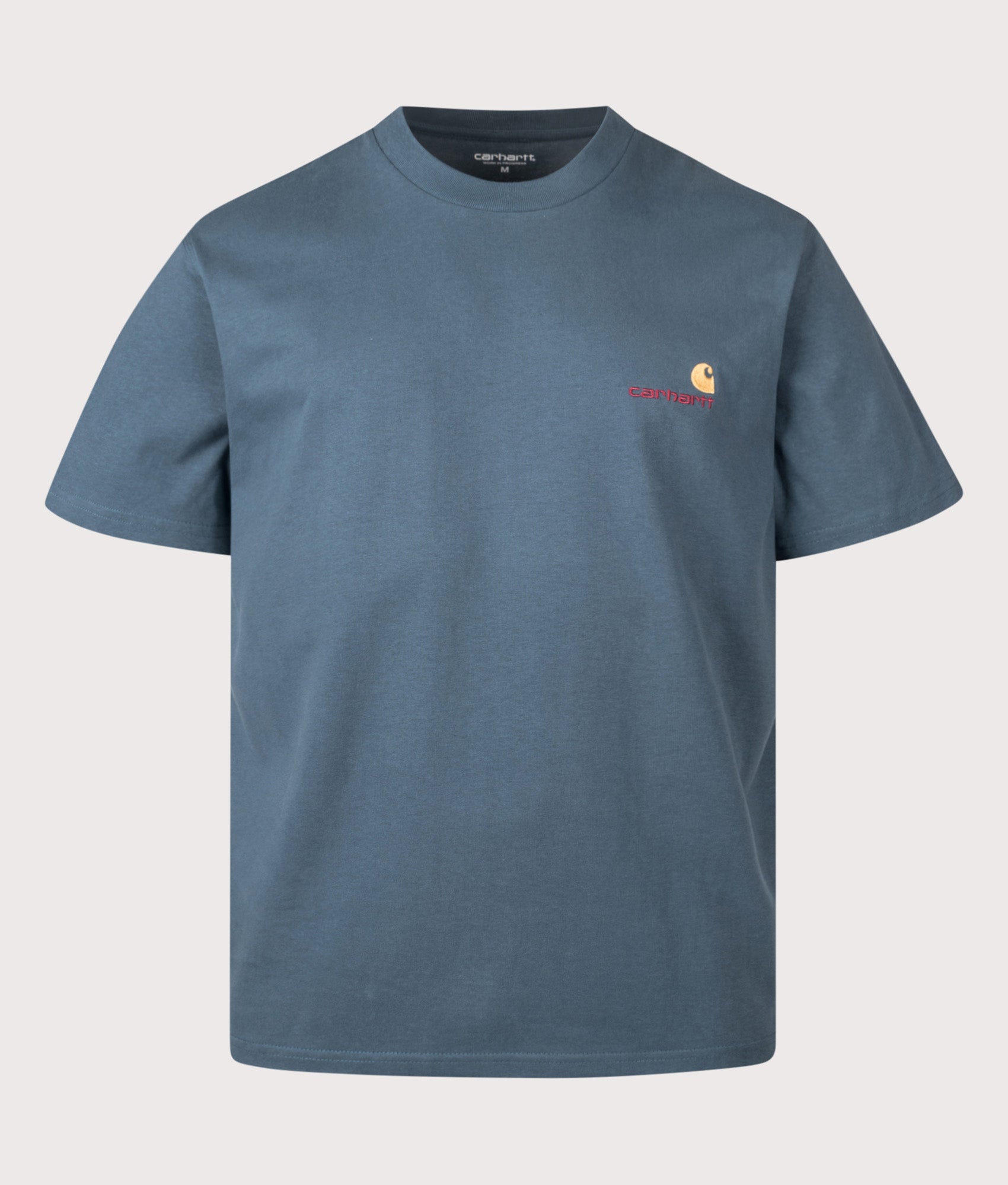 Carhartt WIP Loose Fit American Script T-Shirt in Office Blue at EQVVS Menswear. Front shot.