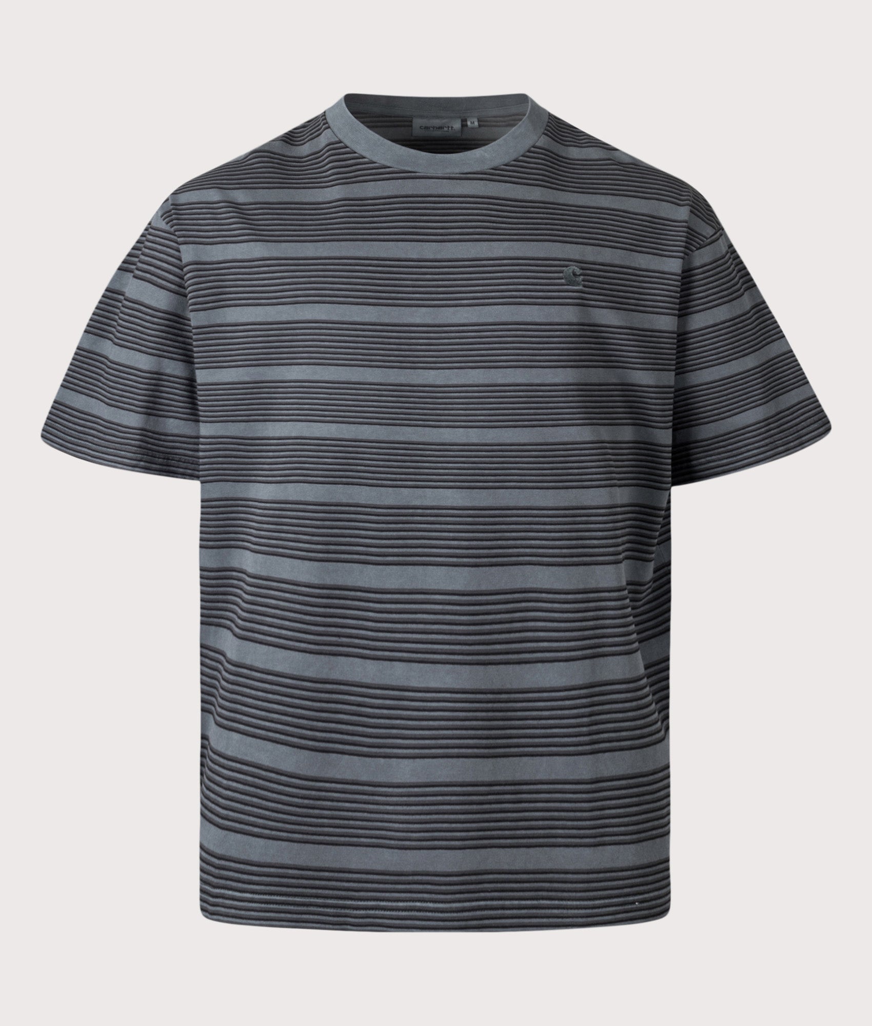Carhartt WIP Loose Fit Hanson T-Shirt in Hanson Stripe/Kale Green at EQVVS Menswear. Front shot.