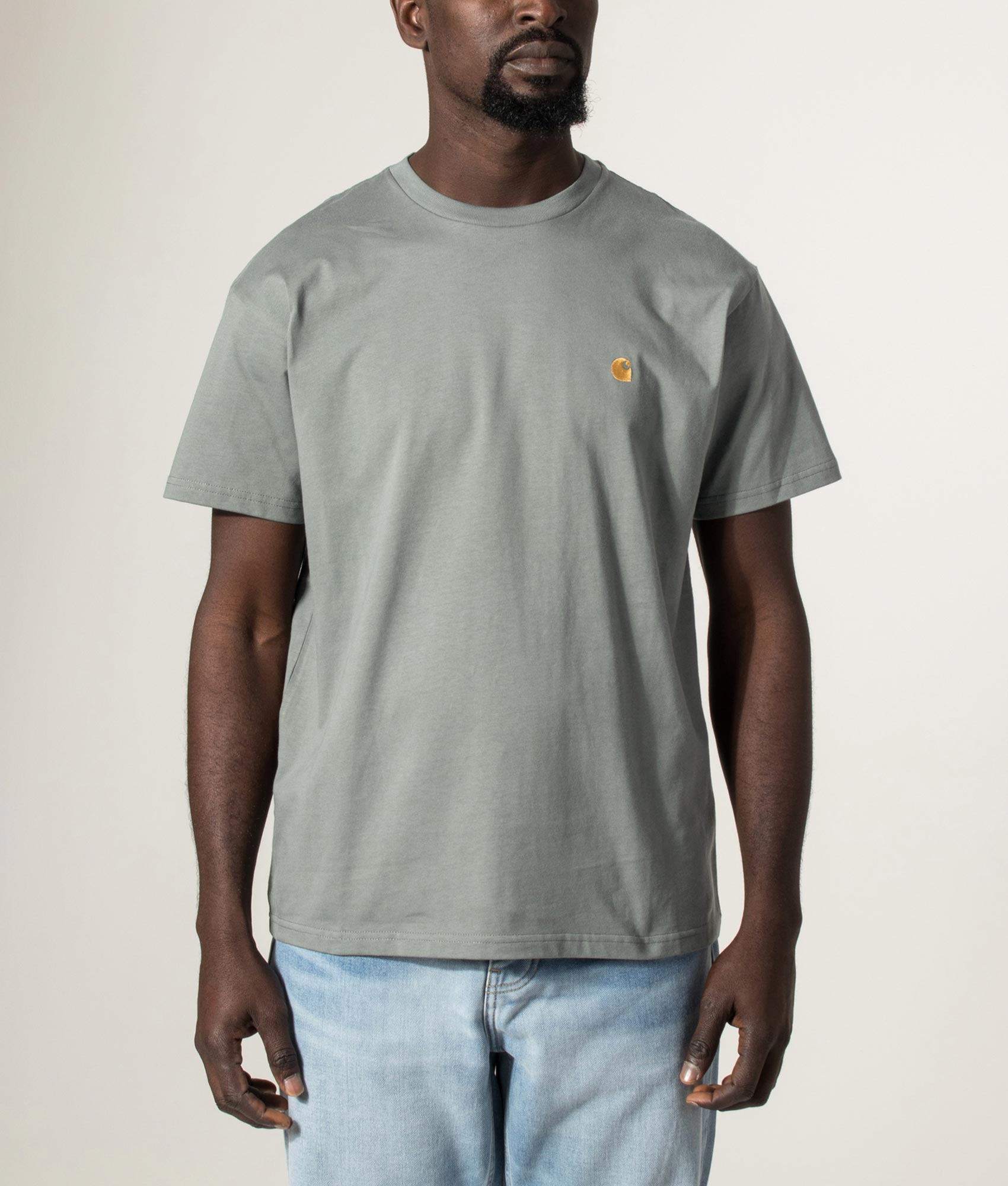 Carhartt WIP Loose Fit Chase T-Shirt in Velvet Green/Gold at EQVVS Menswear. Model front shot.
