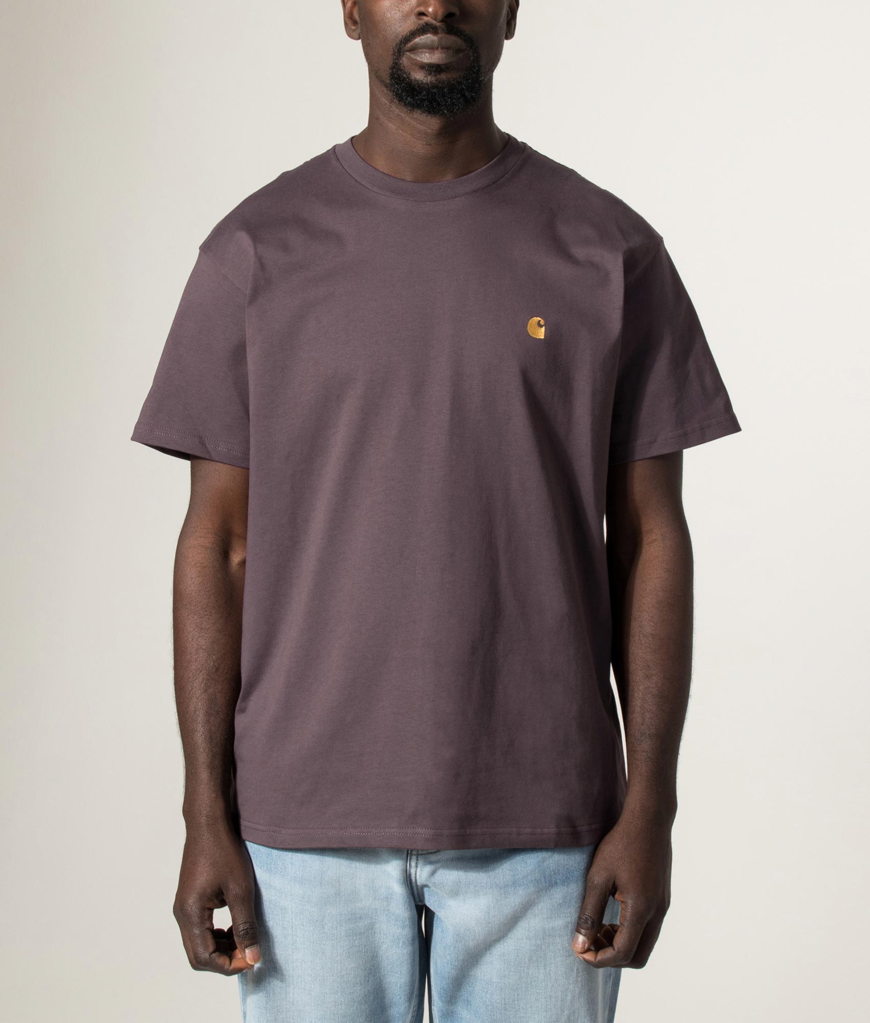 Carhartt WIP Loose Fit Chase T-Shirt in Shale and Gold at EQVVS Menswear. Model front shot.