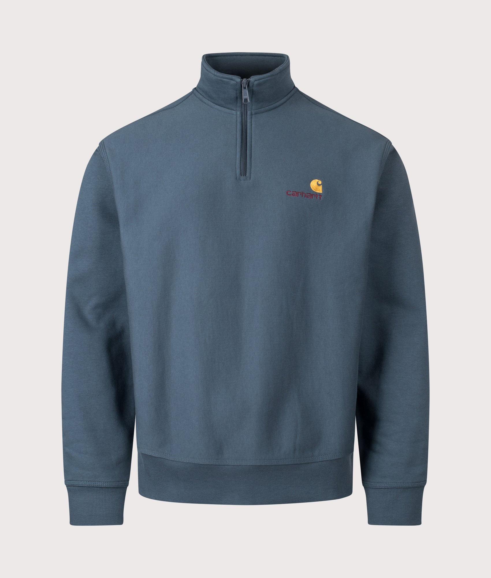 Relaxed Fit Quarter Zip American Script Sweatshirt in Office Blue | Carhartt WIP | EQVVS | Front shot 