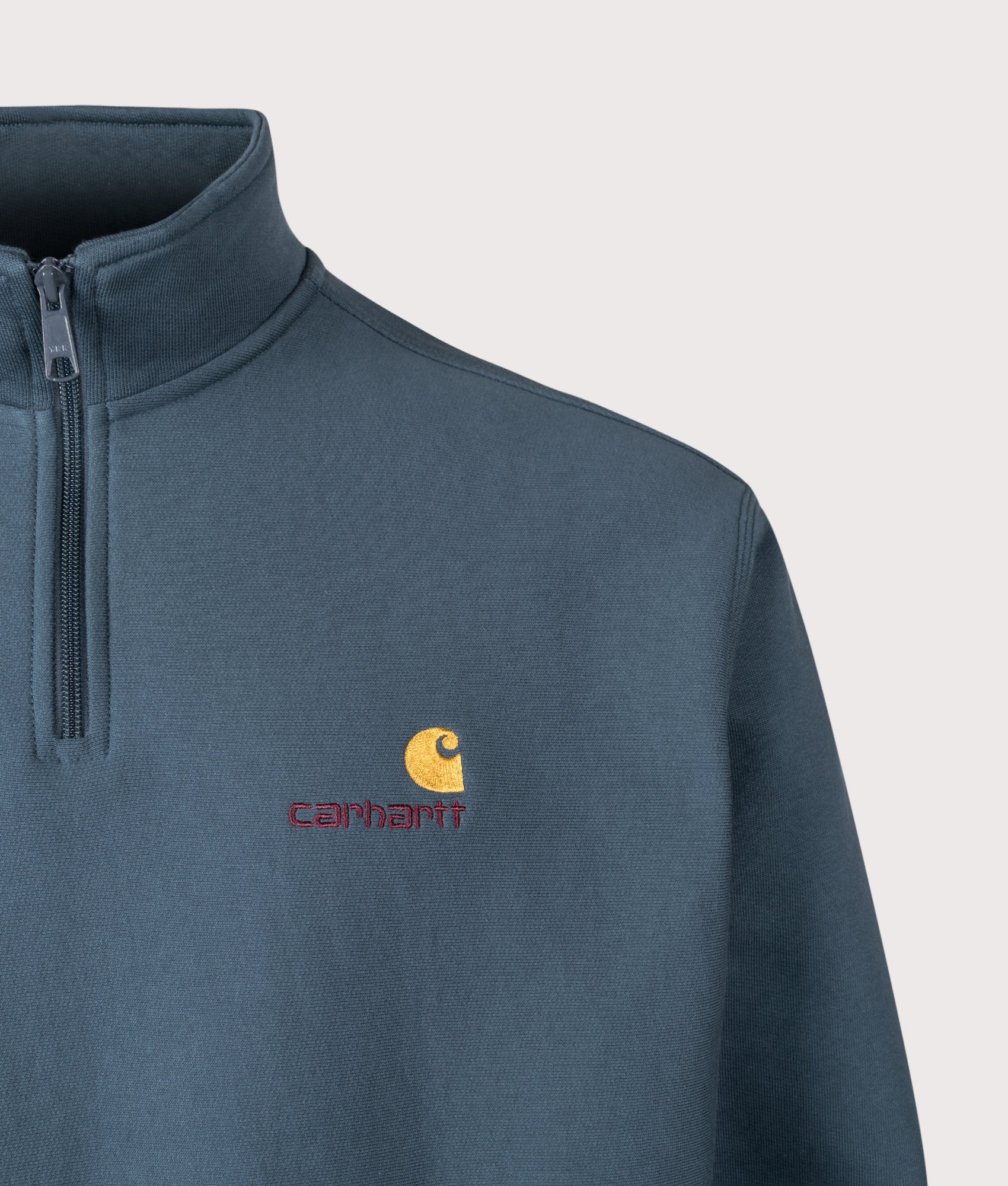 Relaxed Fit Quarter Zip American Script Sweatshirt in Office Blue | Carhartt WIP | EQVVS | Front detail shot 