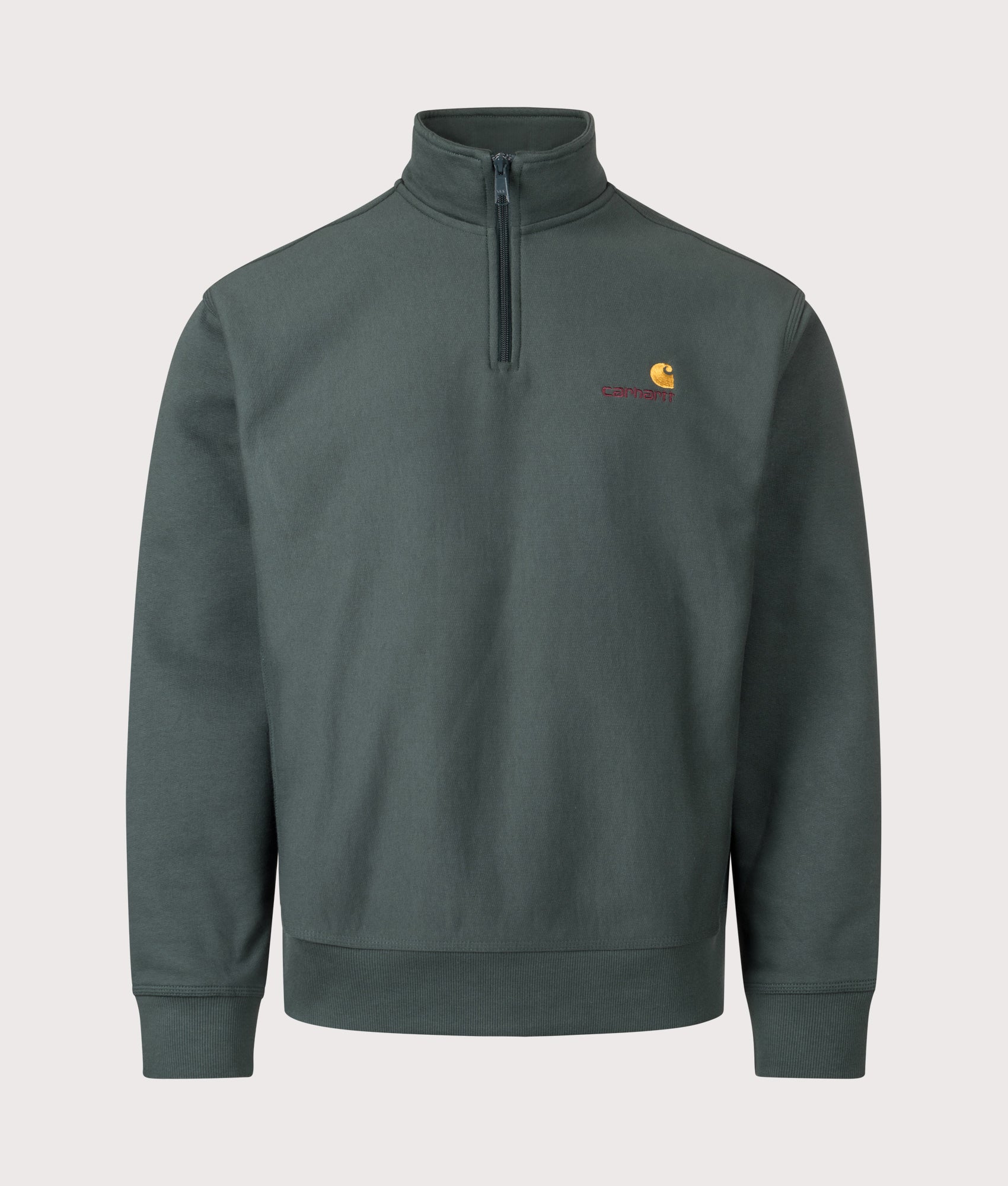 Relaxed Fit Quarter Zip American Script Sweatshirt in Kale Green | Carhartt WIP | EQVVS | Front shot 