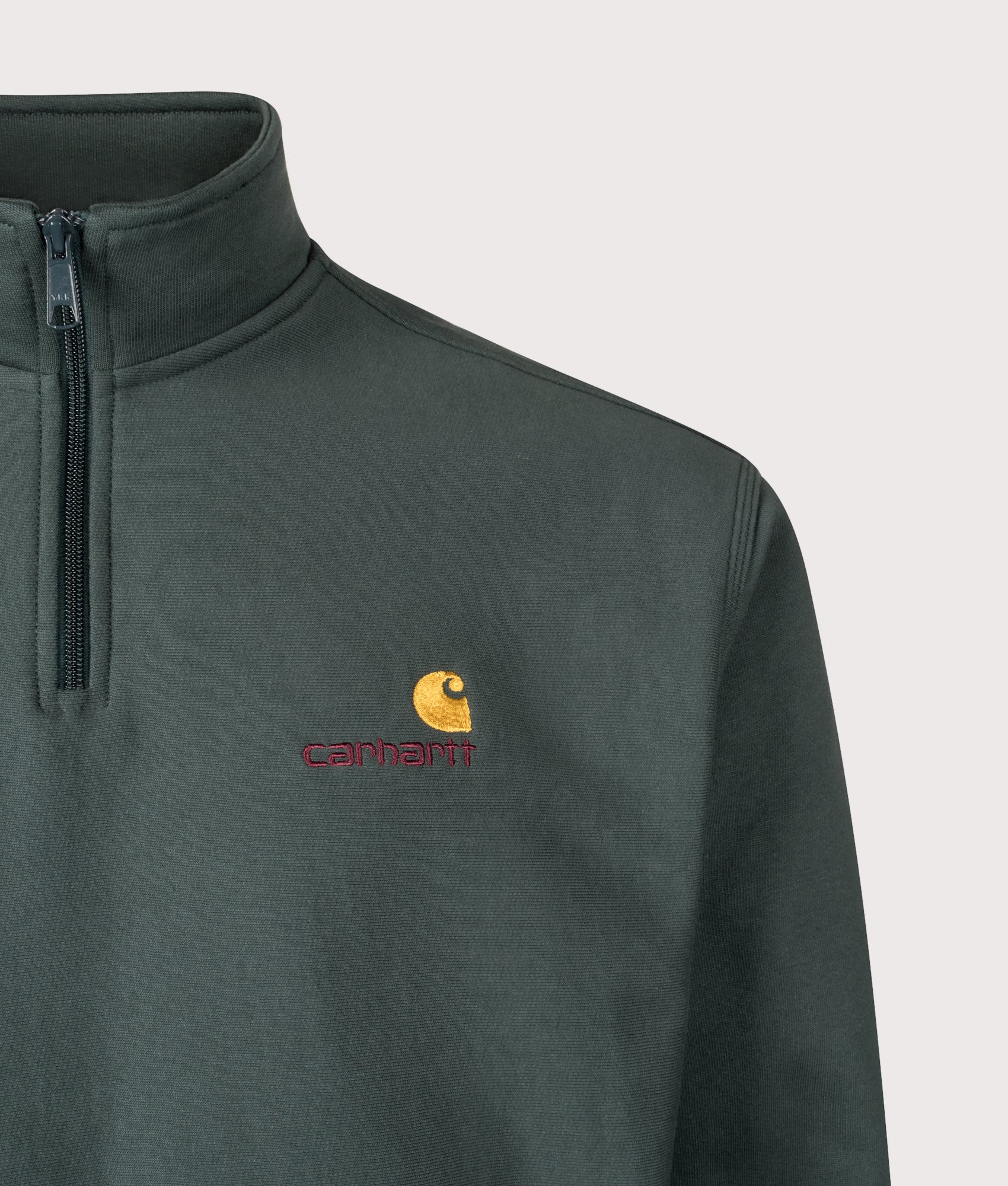 Relaxed Fit Quarter Zip American Script Sweatshirt in Kale Green | Carhartt WIP | EQVVS | Front detail shot 