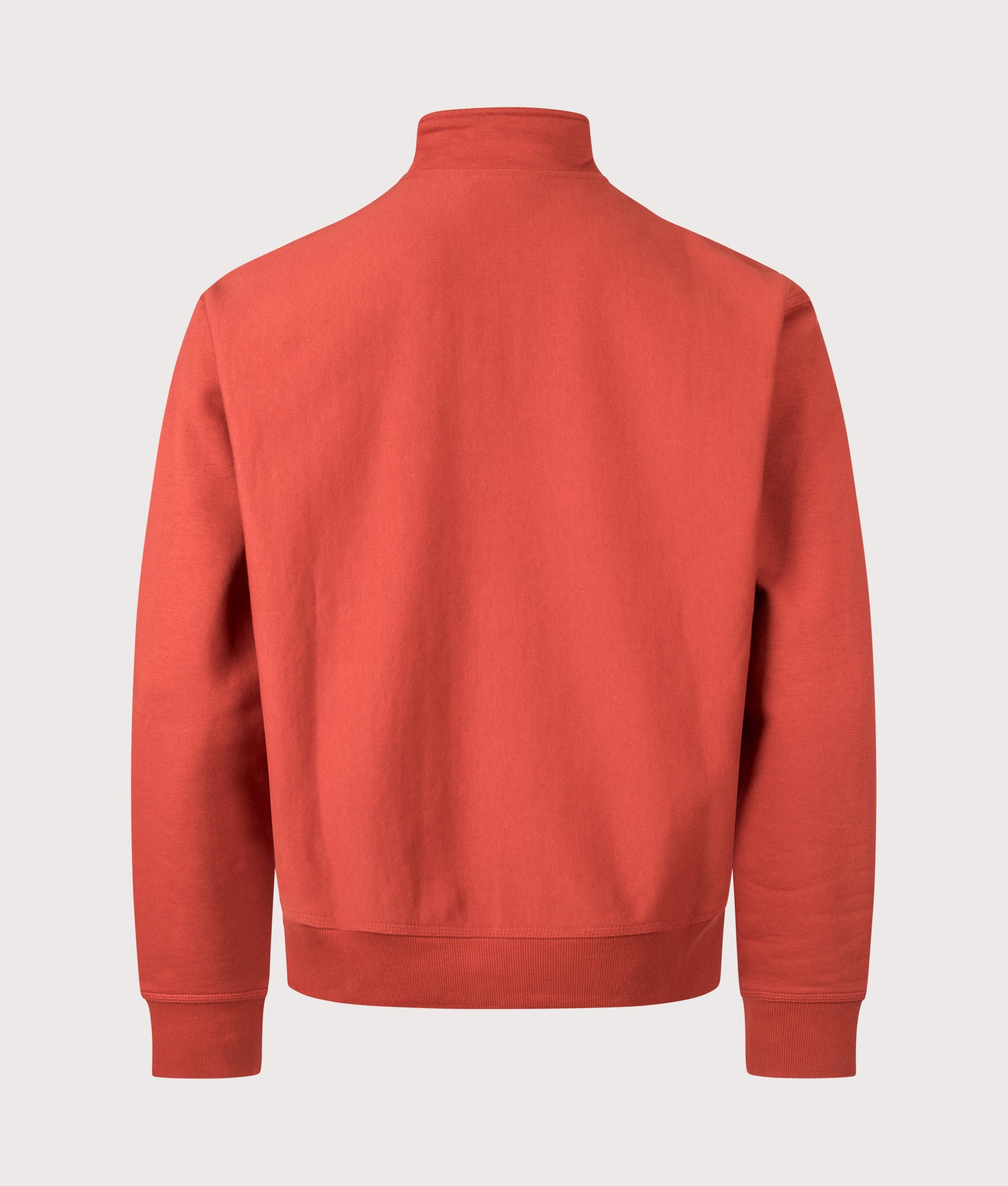 Carhartt WIP Relaxed Fit Quarter Zip American Script Sweatshirt in Oxide Red at EQVVS Menswear. Back shot.