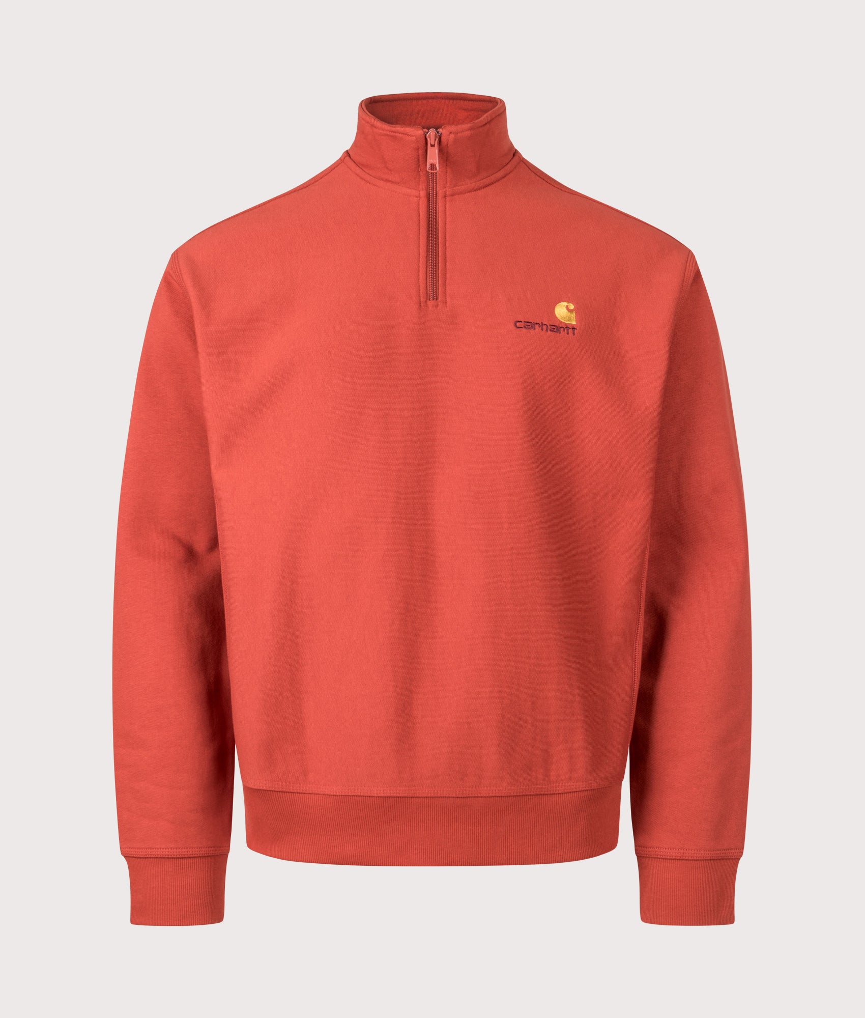 Carhartt WIP Relaxed Fit Quarter Zip American Script Sweatshirt in Oxide Red at EQVVS Menswear. Front shot.